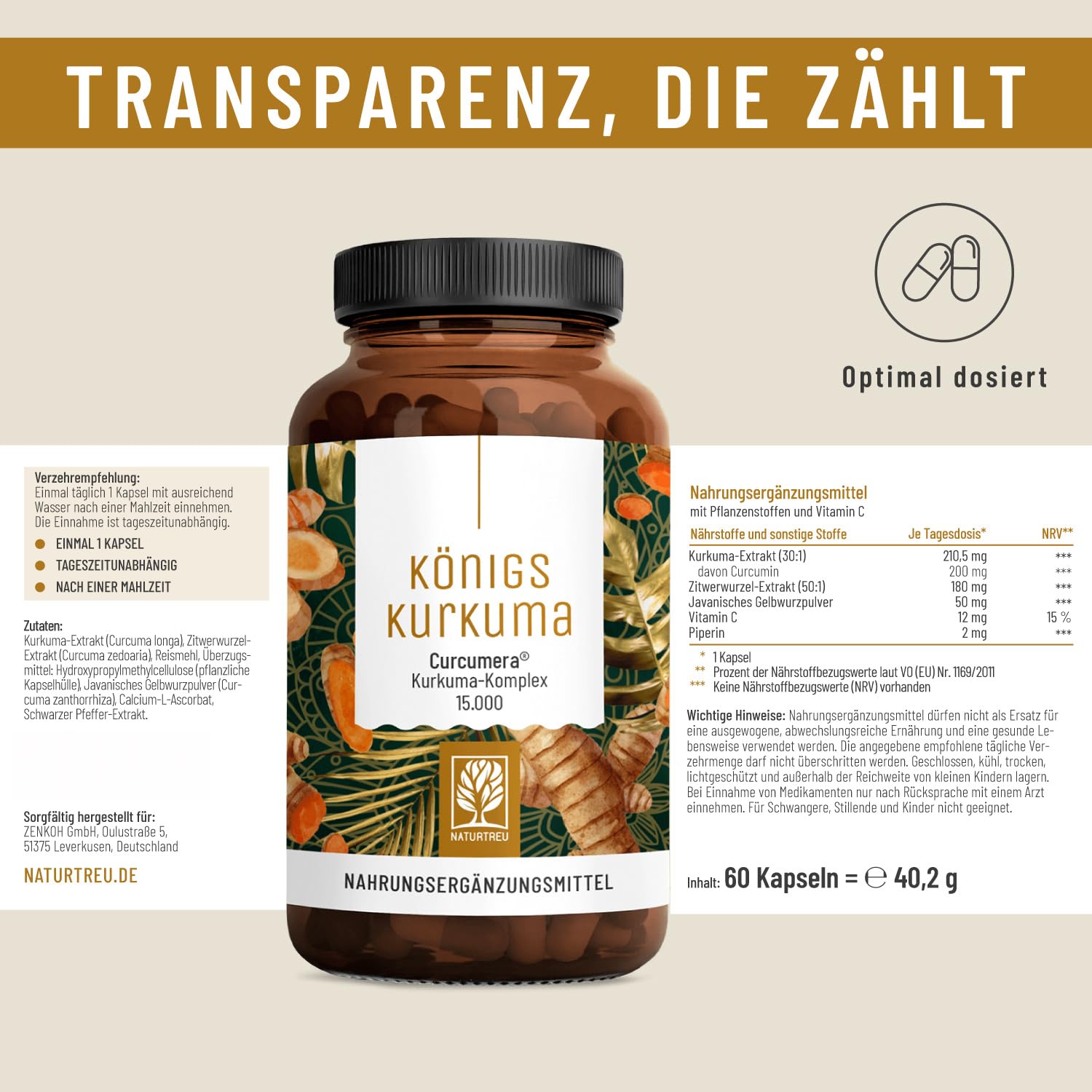 NATURTREU® Kurkuma Kapseln hochdosiert – 200mg Curcumin-Extrakt (30:1) entspricht 6.000mg Curcumin – hochdosiert 95% Curcumin pro Kapsel – Kurkuma Komplex mit Piperin & Vitamin C – vegan