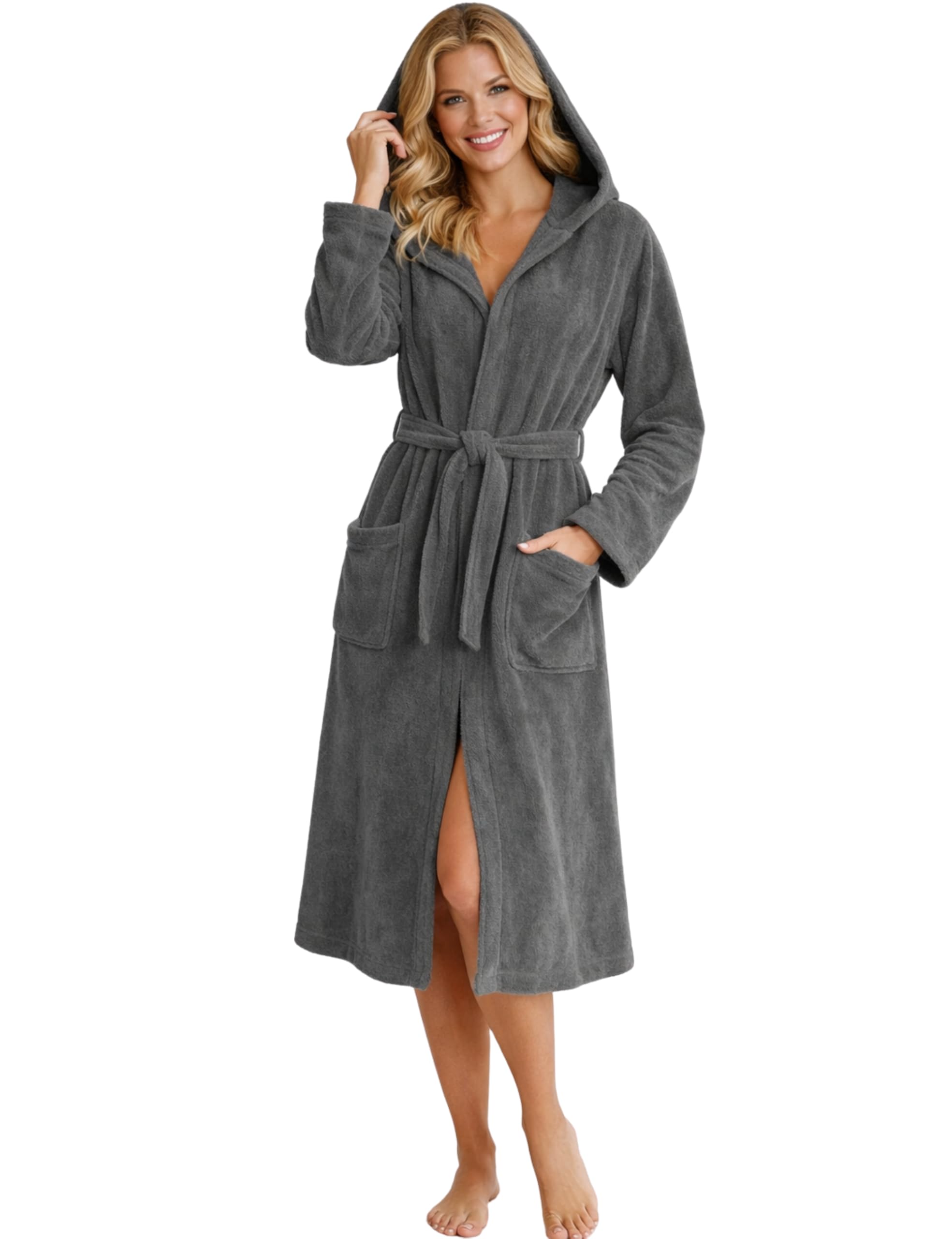 Morgenstern Women’s Cotton Dressing Gown with Hood – Charcoal, Size M – Soft & Absorbent Terry Robe with Pockets, Belt & Oeko-Tex Certified