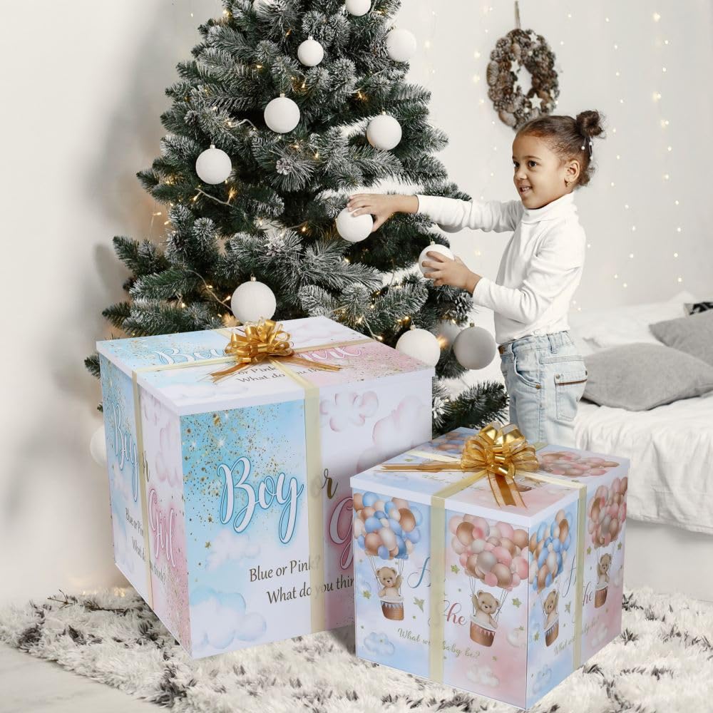 BoxSkivra 71,1 cm Gender Reveal Box Caja Para Revelacion De Gener, Junge/Mädchen | Riesige Geschenkboxen für Babyparty, Party, Geschlechtsoffenbarung, Dekorationen enthalten große Schleifen und Band