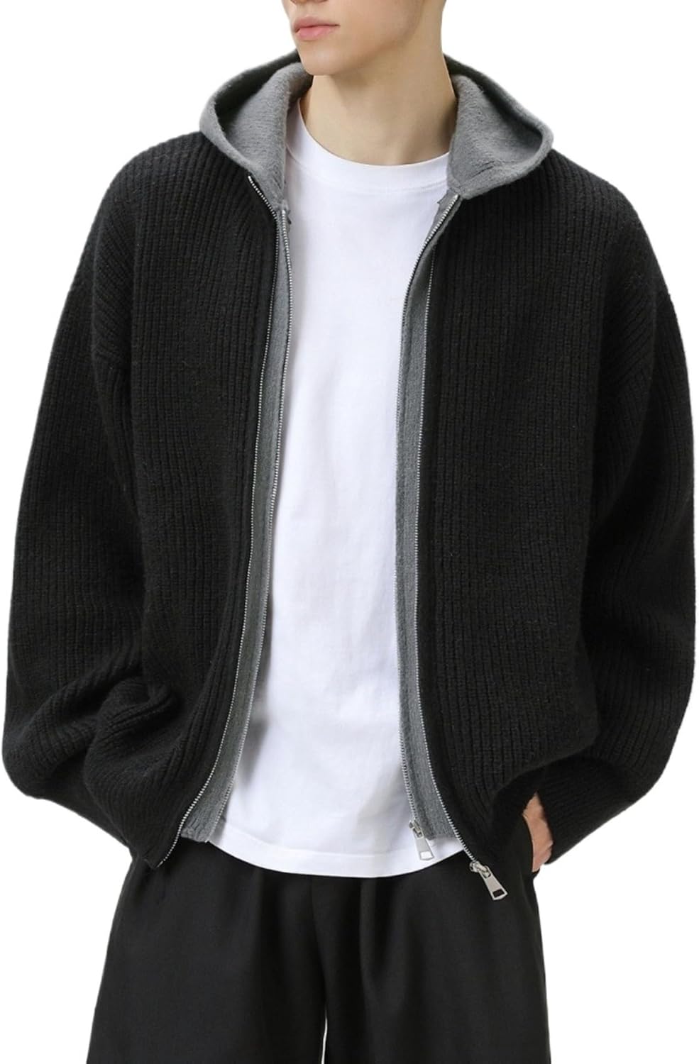 POHADON Y2k Zip Up Knit Hoodies Grunge Aesthetic Chunky Sweater Cardigan Baggy Fake Two Piece Color Block Jacket Coat