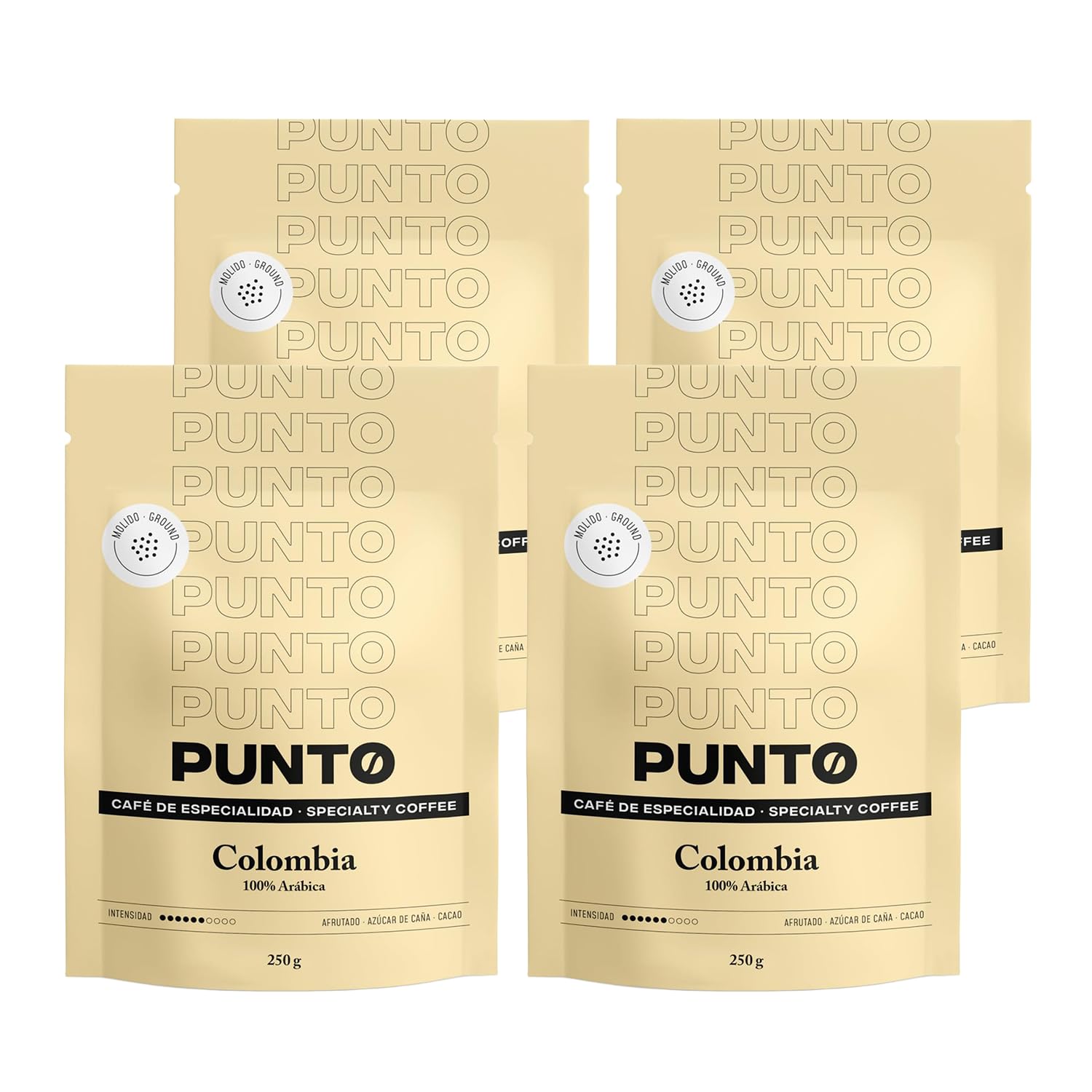 PUNTO - Mielona kolumbijska kawa - Opakowanie 4 x 250 g - Kawa specjalna - Średnio palona - 100% Arabica - Nuty owocowe, cukier trzcinowy i kakao - Zrównoważona kwasowość - Średnio treściwa