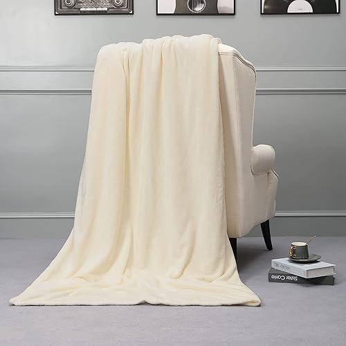 Miniatura 5 de NANPIPER manta de vellón, manta supersuave de franela, de tamaño king, manta cómoda, mullida y lujosa de felpa de microfibra para cama, blanco marfil