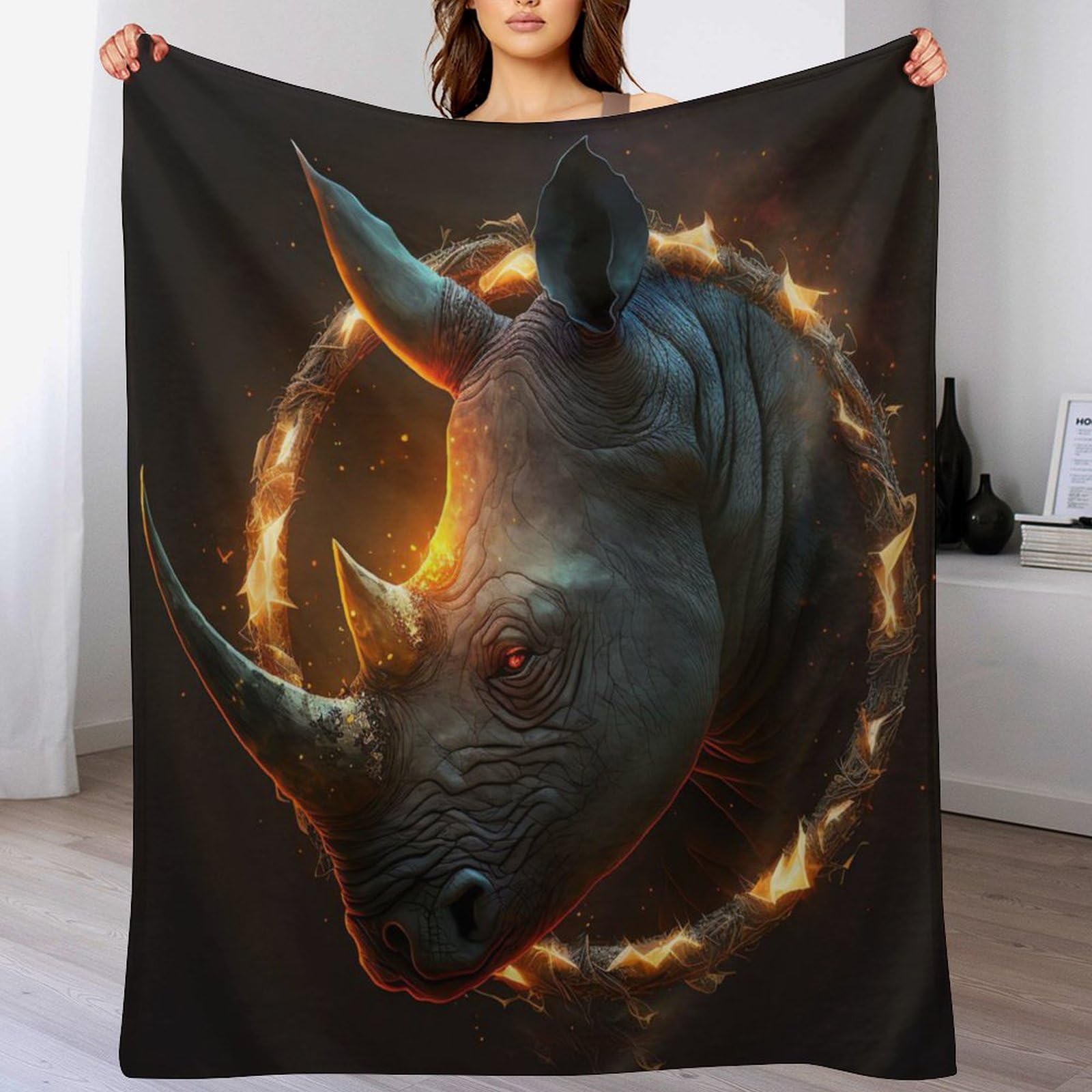Fleece Blanket Fire Rhino Head Throw for Sofa & Bed, Plush Cozy Fuzzy Blanket, Super Soft And Warm Fluffy Blanket for All Seasons,(150×200cm) — image 1