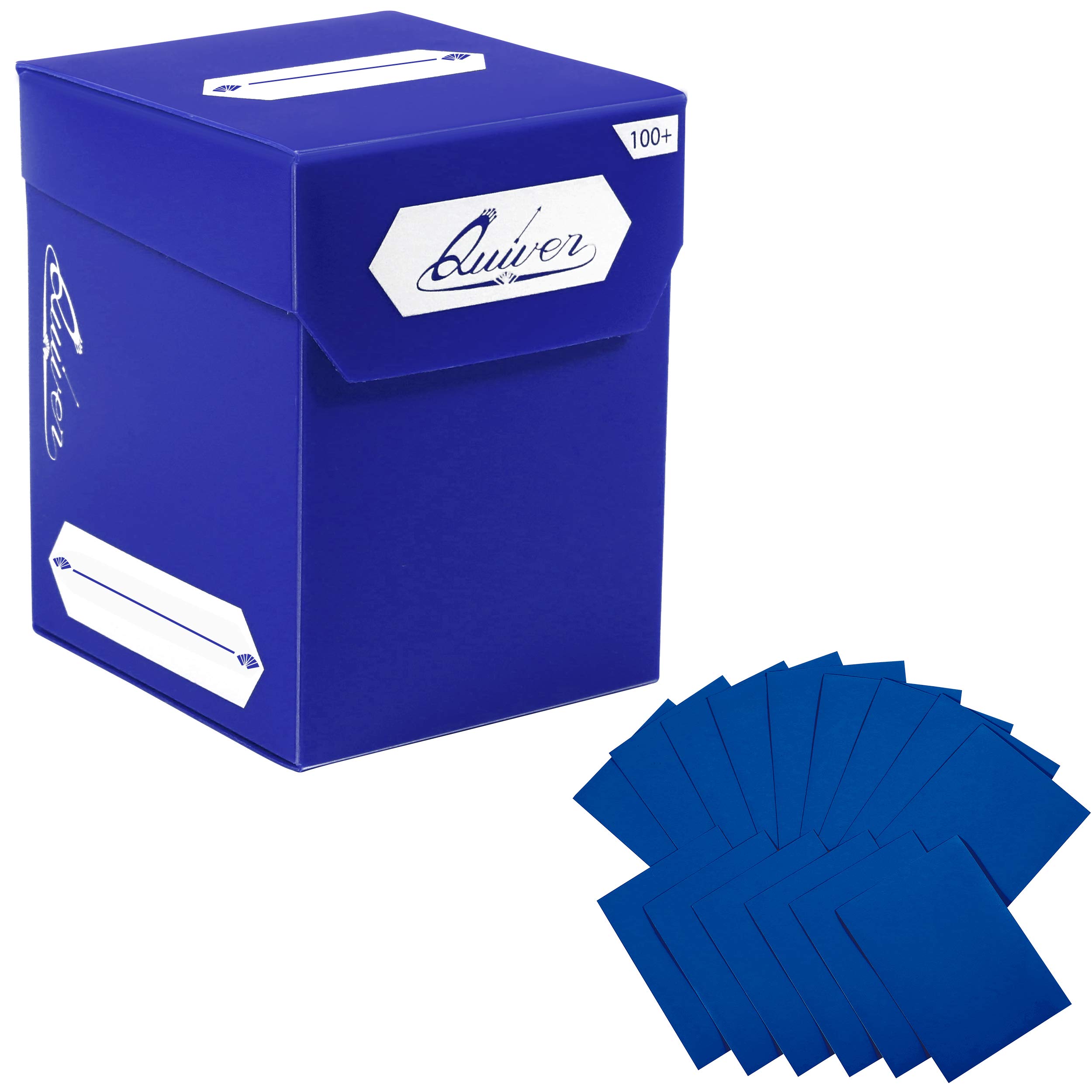 Quiver Time Blue Trading Card Deck Box and Sleeves Bundle - 100+ Quiver Deck Block with Double Dividers (Commander MTG Deck Box MTG) + 100 Artemis Blue Card Sleeves with Black interior (66 x 93 mm)