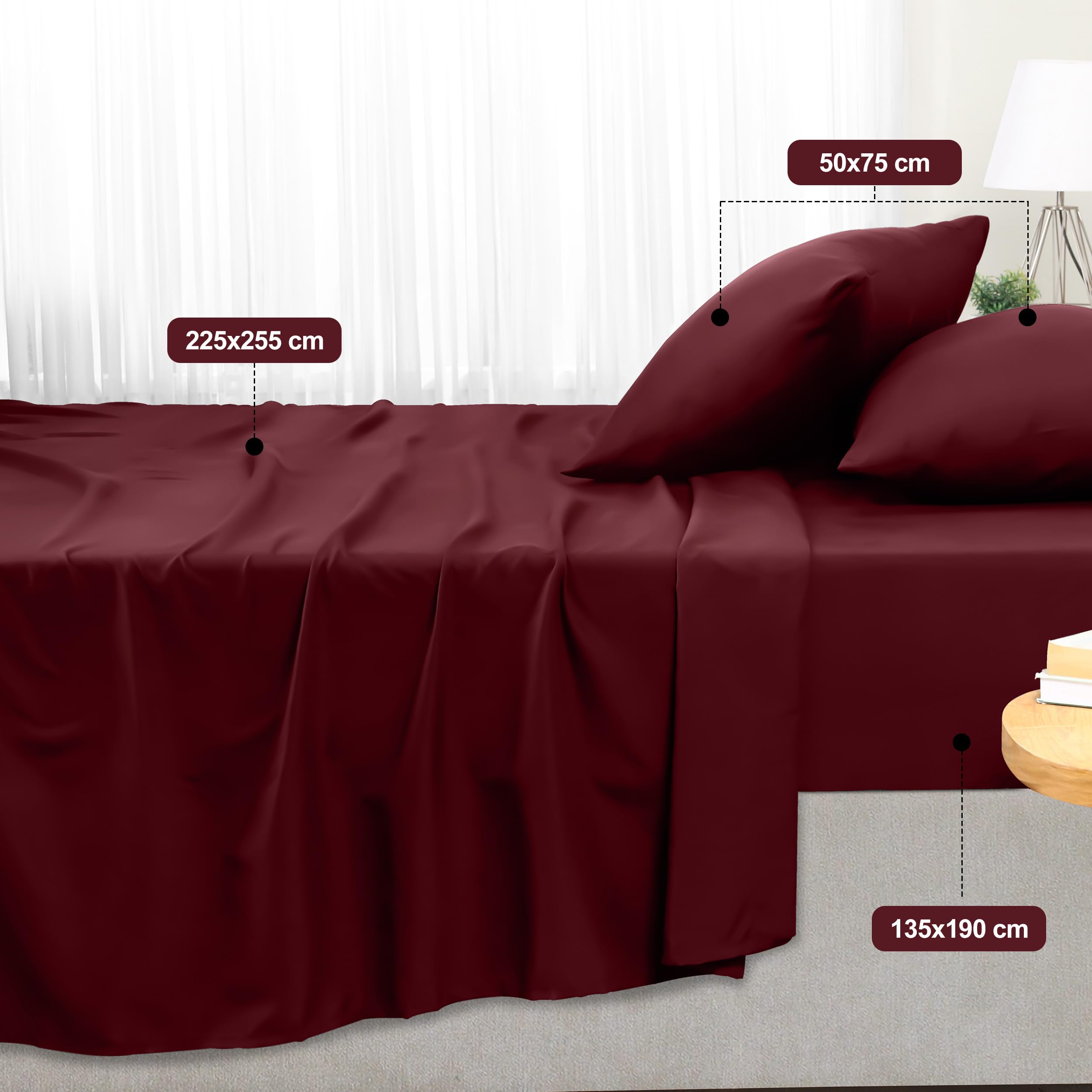 Utopia Bedding - Set Lenzuola Letto Una Piazza e Mezza 4 Pezzi 135x190 cm - Spazzolata Poliestre di Microfibra - Oeko-Tex Certificato - Lenzuolo con Angoli, Lenzuolo Piatto e 2 Federe 50x75, Bordeaux