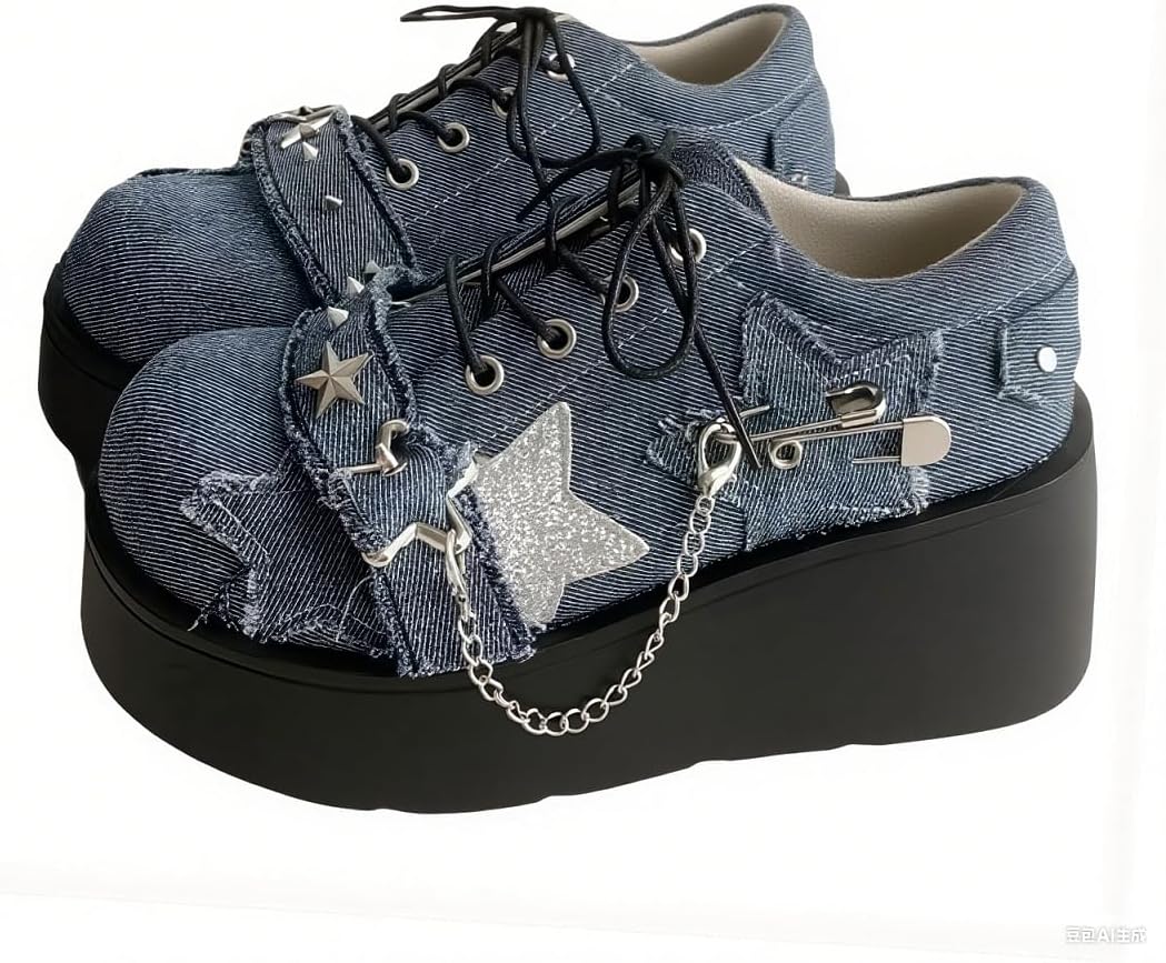 Women's Denim Low Top Wedge Gothic Ankle Boots Fashion Chain Round Toe Lace Up Platform Ankle Boots Rave Party Prom Punk Boots