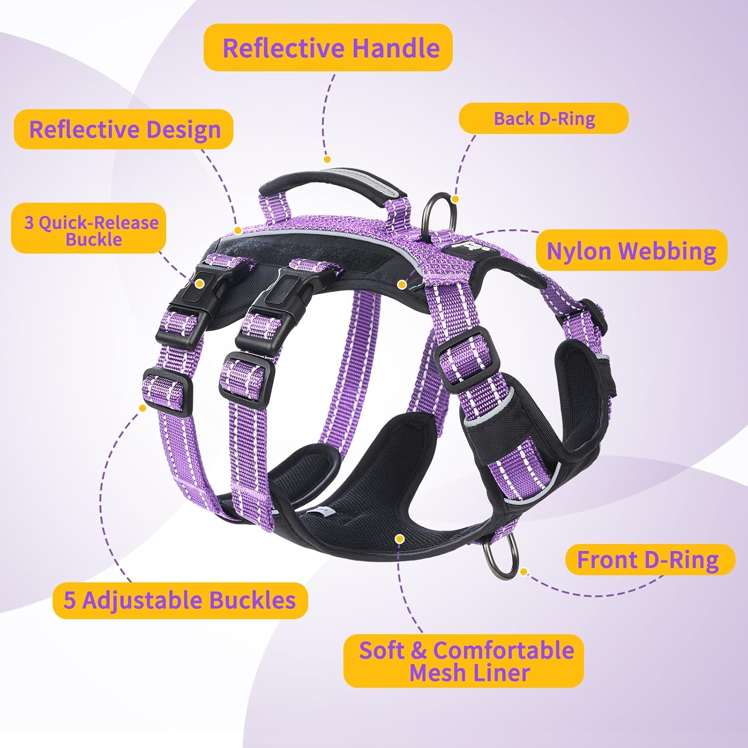 Huntboo Service Dog Vest Harness, Escape Proof Harness with 6 Patches, No-Pull, Reflective Harness with Handle, Adjustable for Small to Large Dogs, for Training and Hiking (Lavender Purple, S)