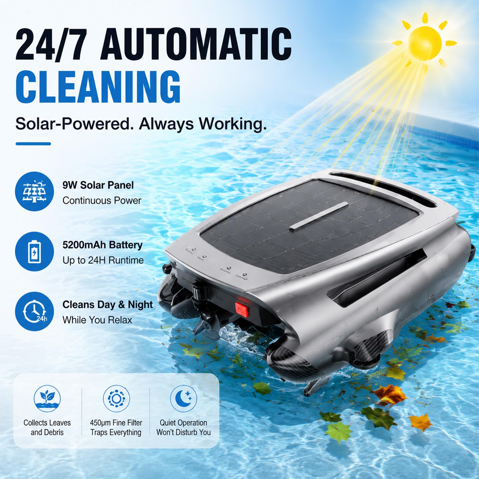 Skimmer para Piscina Alimentado por Energía Solar | Acoplamiento Automático En Bordes, Modos De Carga Dual, Filtración De 450 Μm; Para Piscinas Elevadas