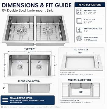 Kitsitchen Double Bowl RV Kitchen Sinks 27 x 16, T304 Stainless Steel Sink
