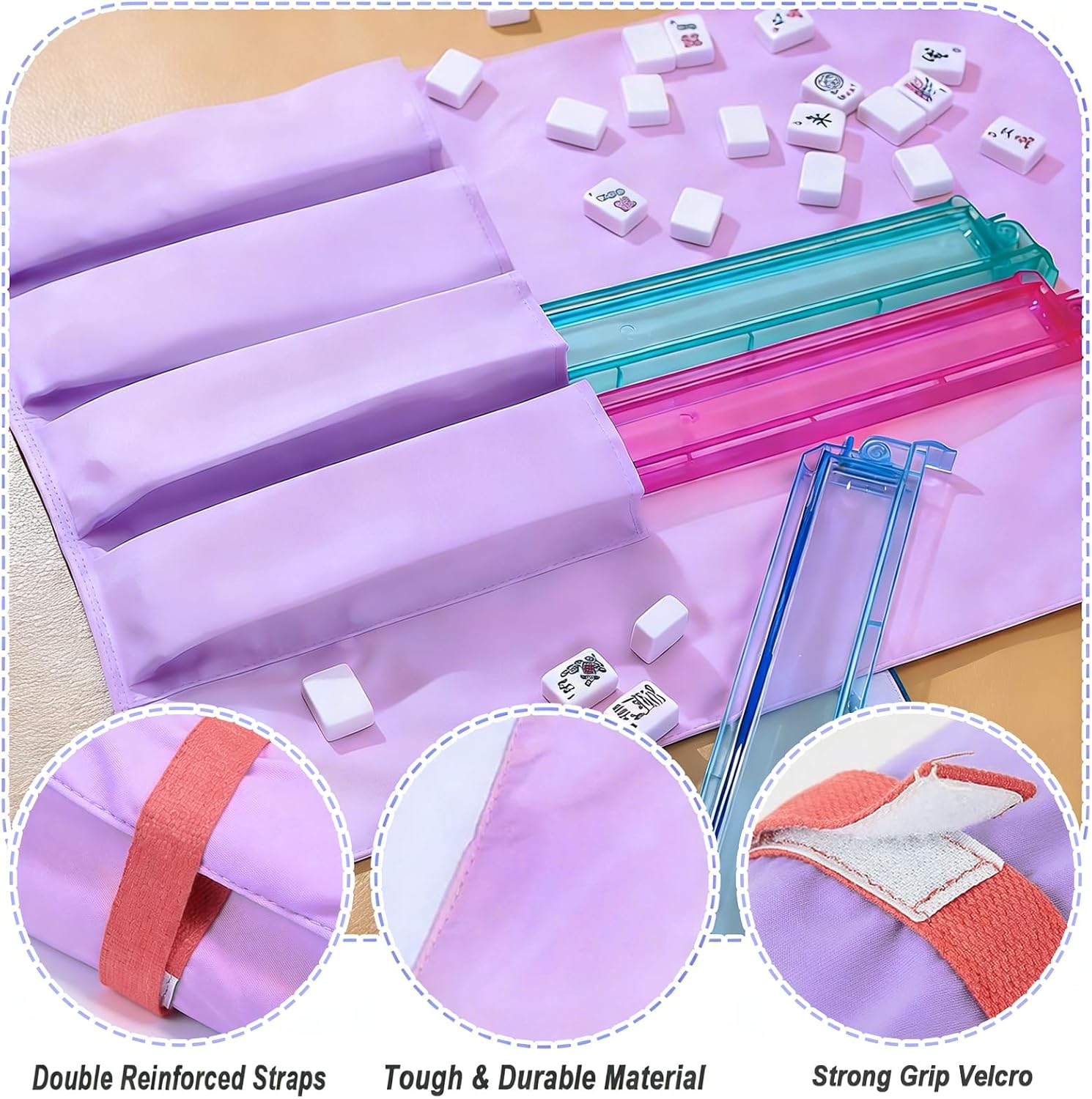 Mahjong Rack Storage Bag 39.8 Inch, Roll-Up Mahjong Rack Storage Bag for 4 Mahjong Racks & Pushers, Dustproof Travel Carrier Organizer with Dual Straps, Organizer for Mahjong Pushers （Purple）