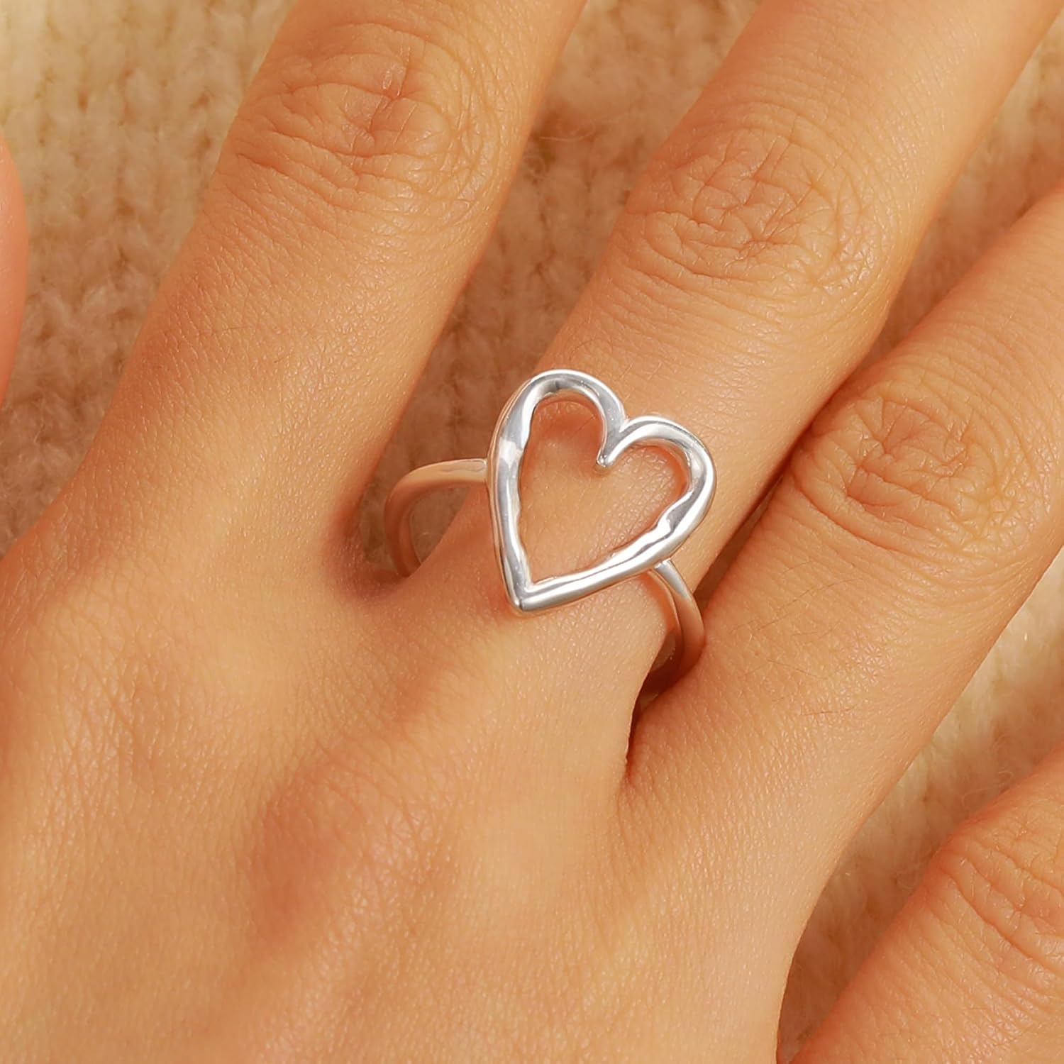 Irregular Hammered Hollow Heart Stackable Ring for Women 925 Sterling Silver Minimalist Stylish LOVE Heart Rings to Daughter Mom 14K Gold Plated Adjustable Open Band Ring Wedding Graduation Jewelry