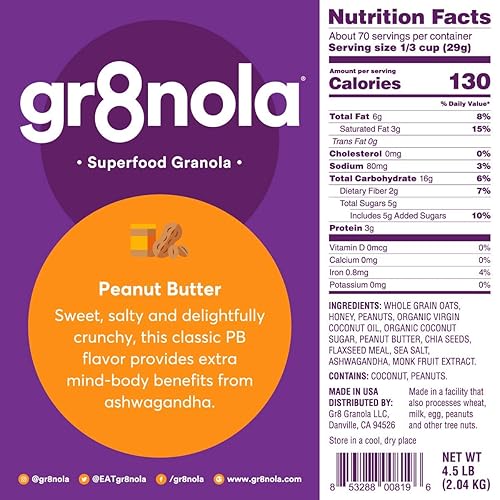 Miniatura 2 de gr8nola Mantequilla de maní  Cereal de granola saludable y bajo en azúcar  Fabricado con superalimentos de maní, semillas de ashwagandha y chía, sin