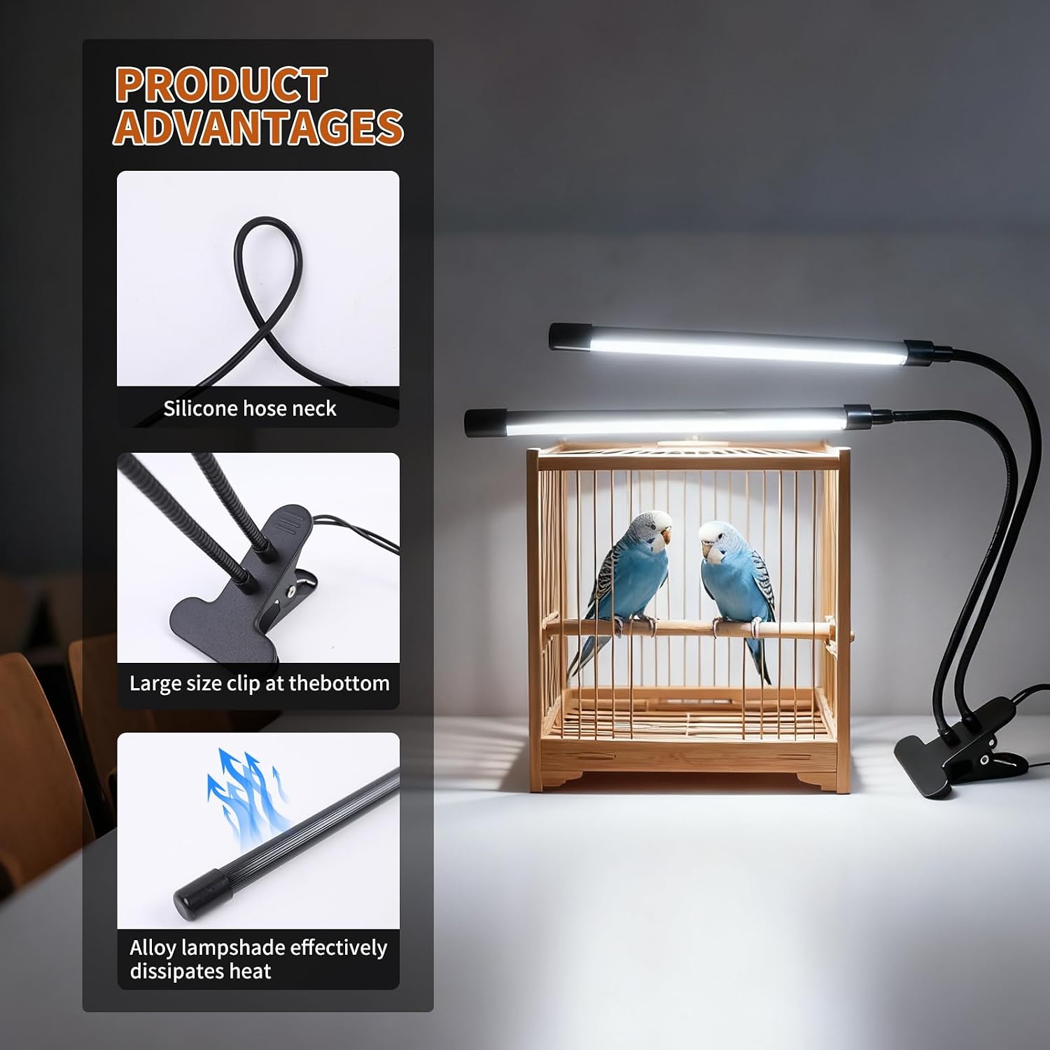 Bird Cage Light with Timer - 10 Dimming Levels, 60 LED Beads, Bird Light Avian Lights for Birds Simulate Sunlight for Parrots & Pet Birds