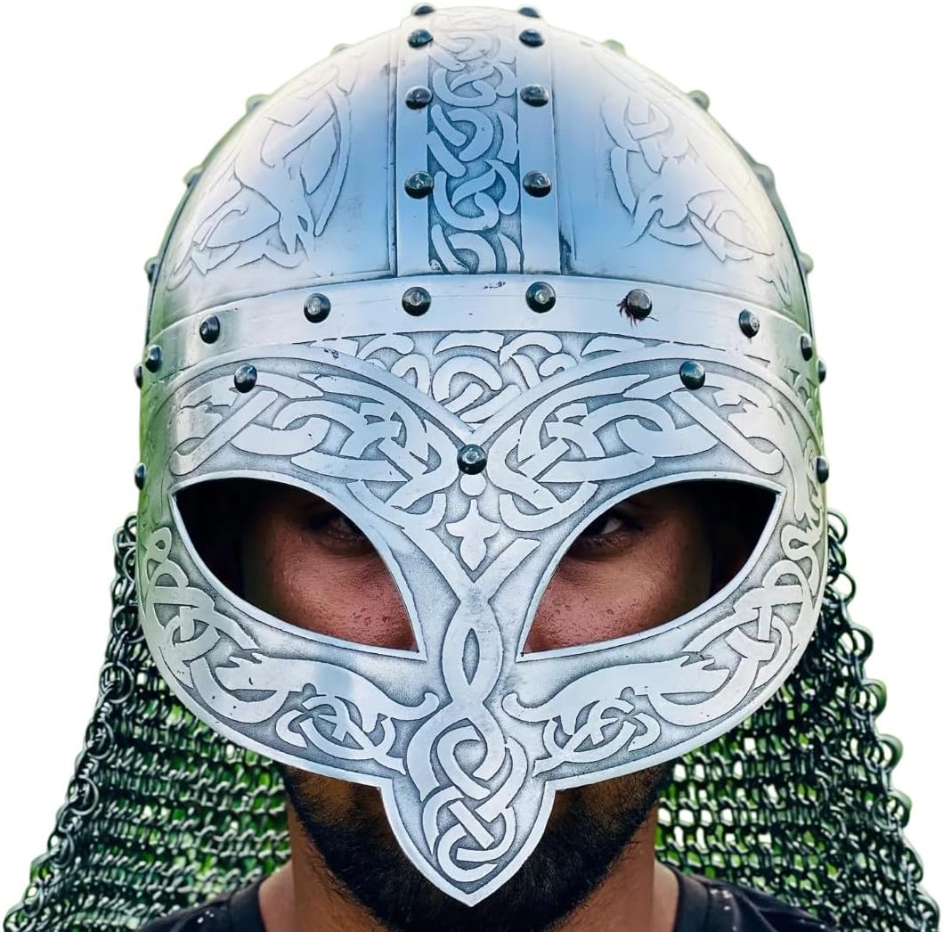 ARTIZANSTORE Medieval Viking Helmet ~ Authentic Etched Norse Warrior Battle ~ LARP Chainmail Helm Halloween Costume Warrior Helm