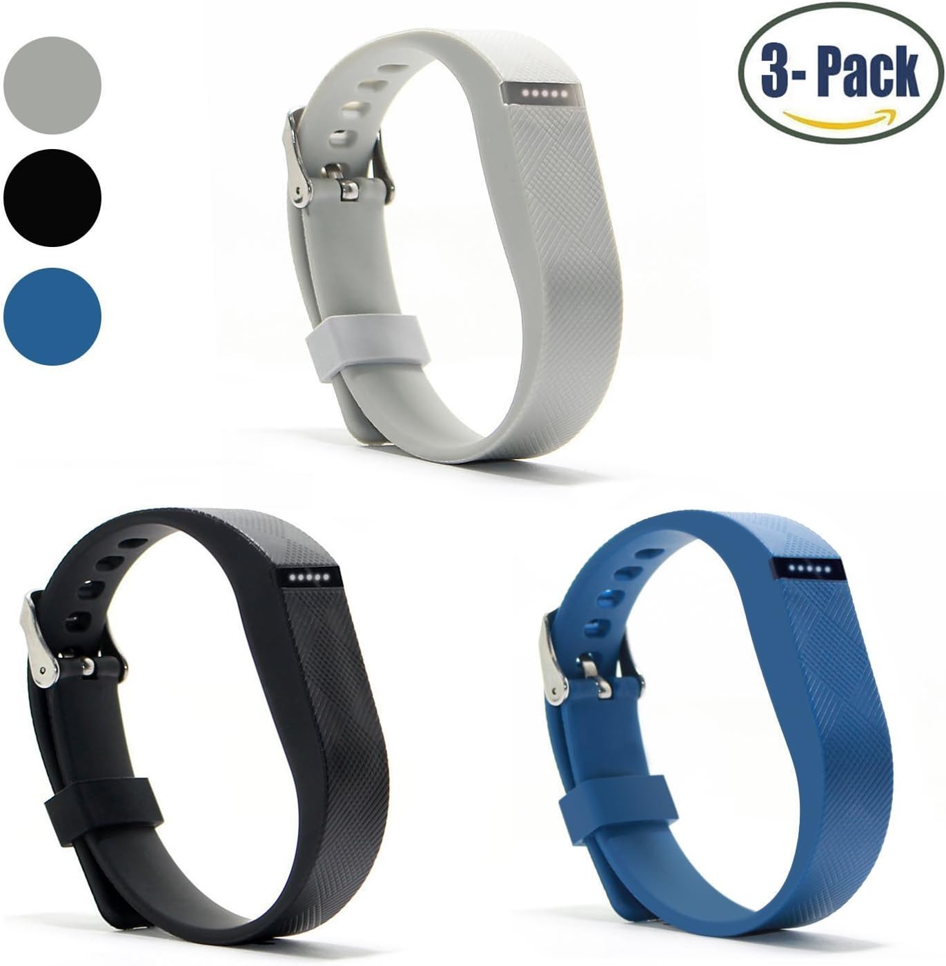Hotodeal Replacement Bands for Fitbit Flex, Fashion Adjustable Silicone Sport Wristband with Chrome Clasp and Fastener Buckle, Prevent Tracker Falling Off, Comfortable, Pack of 3 (Black+Blue+Grey)