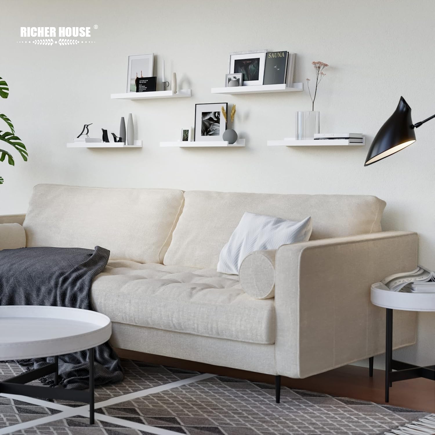 RICHER HOUSE 5-Set Floating Shelves with Lip, White Wall Mounted Wood Shelf image 2