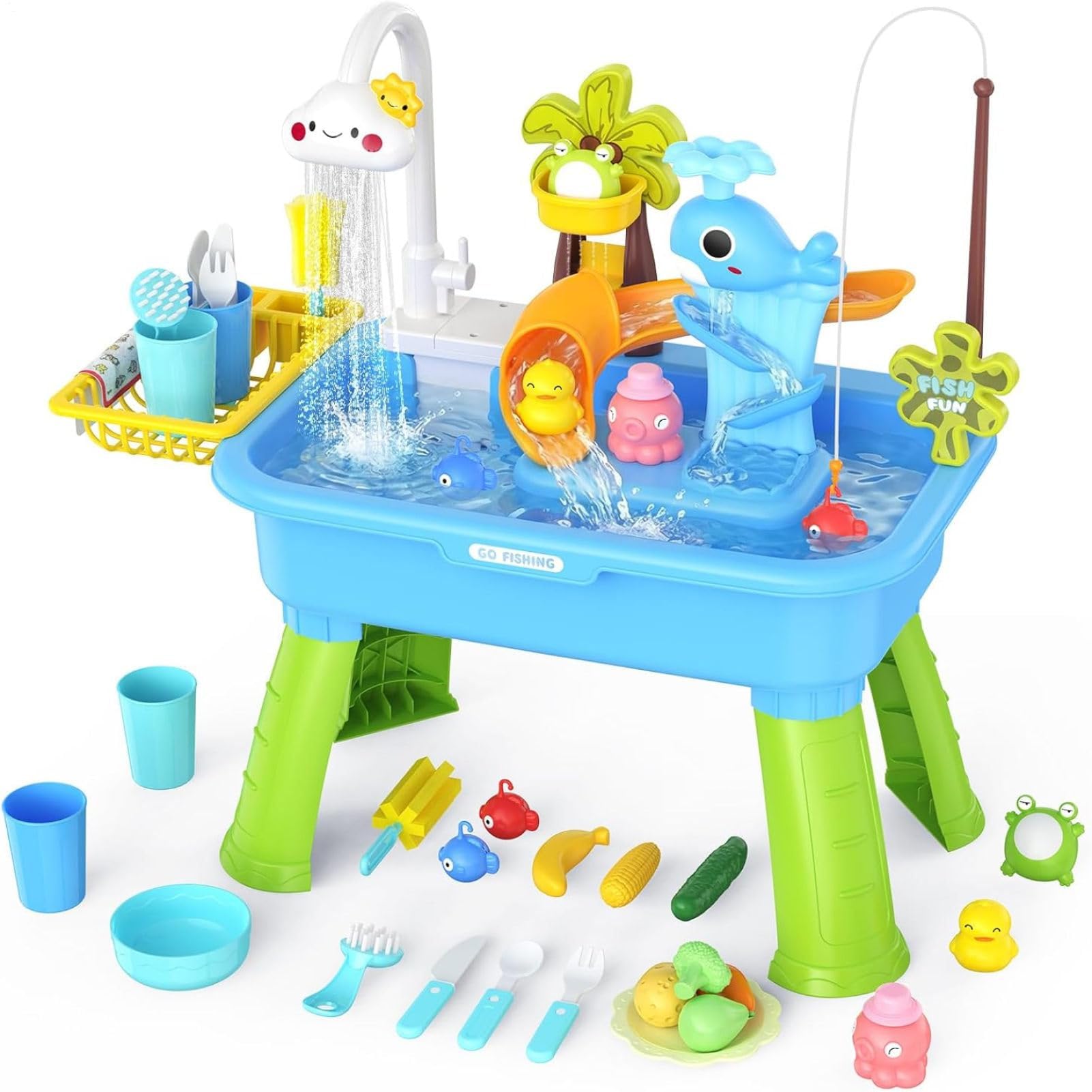 Kids Electric Play Sink With Running Water - Water Play Table With 180° Rotating Faucet & Pump | Adjustable Removable Legs For Height, Includes Fishing Game Tools, For Boys Girls Age 4-8 Park Nursery