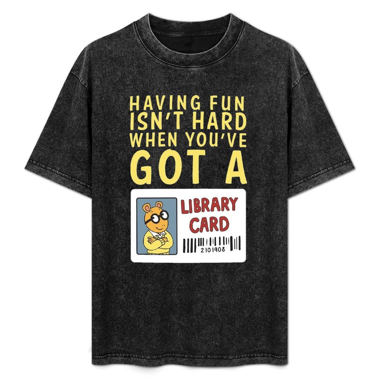 Barlotus Unisex Black Having Fun Isn't Hard When You've Got A Arthur Library Card Men's T-Shirt Graphic Shirts Tee L