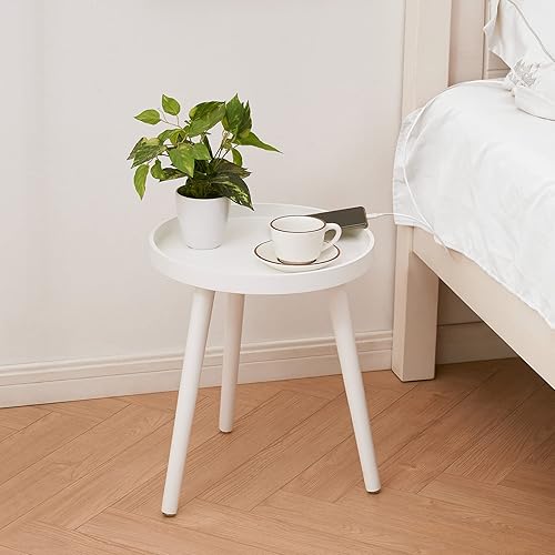 Miniatura 13 de Apicizon Mesa auxiliar redonda, mesa auxiliar blanca para sala de estar, dormitorio, espacios pequeños, mesa de noche de fácil montaje, 15 x 18