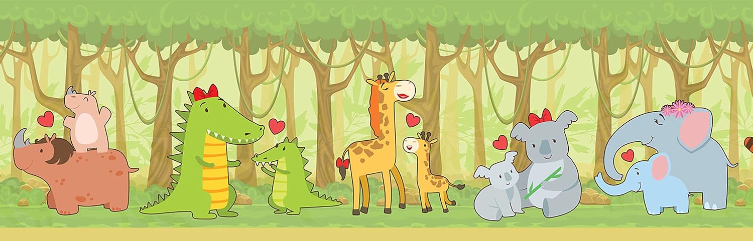 Grace & Gardenia GB90051g8 Jungle Animals Peel and Stick Wallpaper Border 8in Height x 15ft Green Yellow Brown Designs