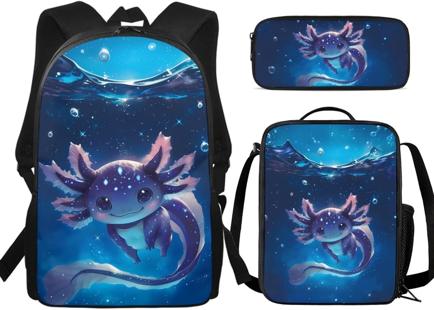 Axolotl School Backpack for Girls 6-8 Years Old with Lunch Bag 3 Piece Large Capacity Bookbag for Students Zippered Pencil Case Back to School Gifts
