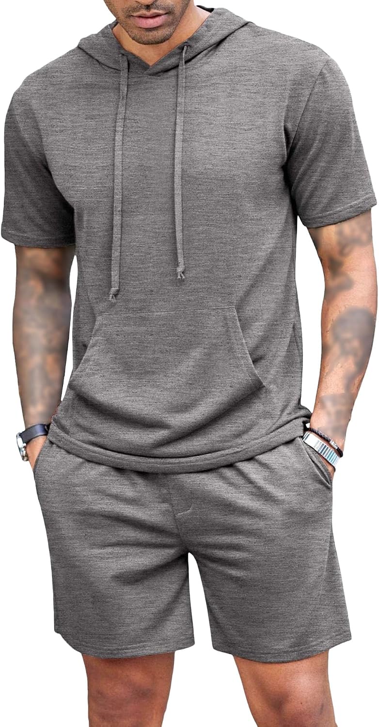 Mens 2 Piece Short Set Tracksuit Hooded Athletic Sweatsuit Short Sleeve Casual Gym Sports Hoodie Shorts Set 2025