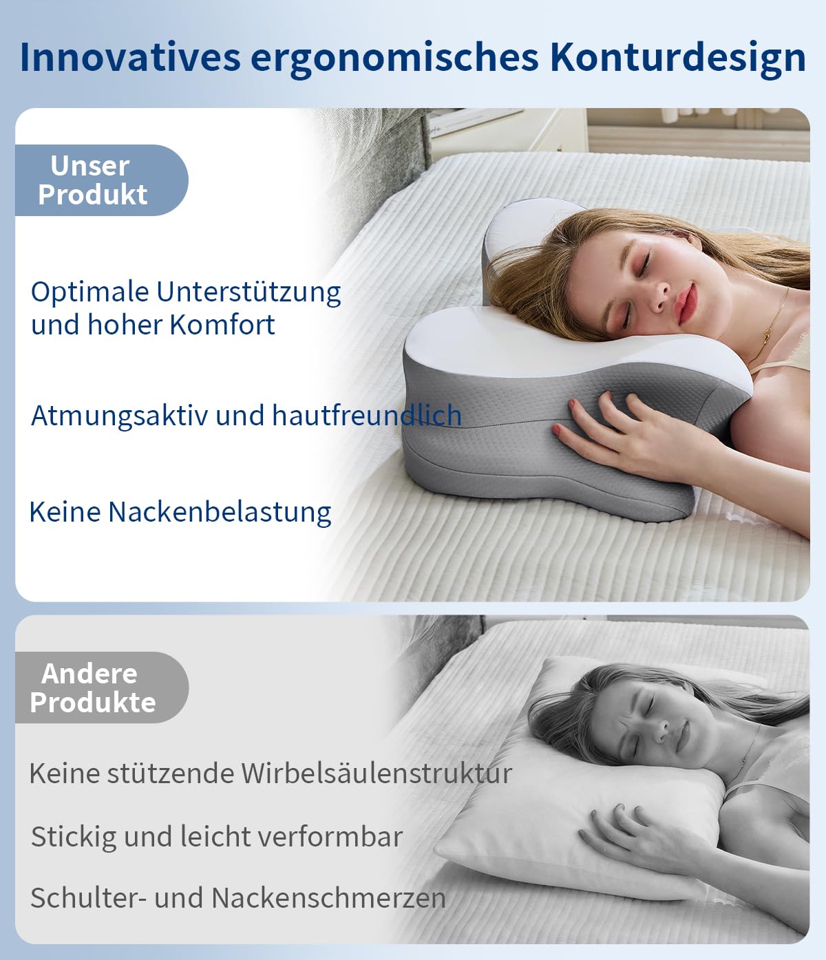 Nackenstützkissen, Memory Foam Kissen mit Nackenunterstützung | Ergonomisches Konturdesign mit atmungsaktivem, abnehmbarem Kissenbezug für Seiten-, Rücken- und Bauchschläfer