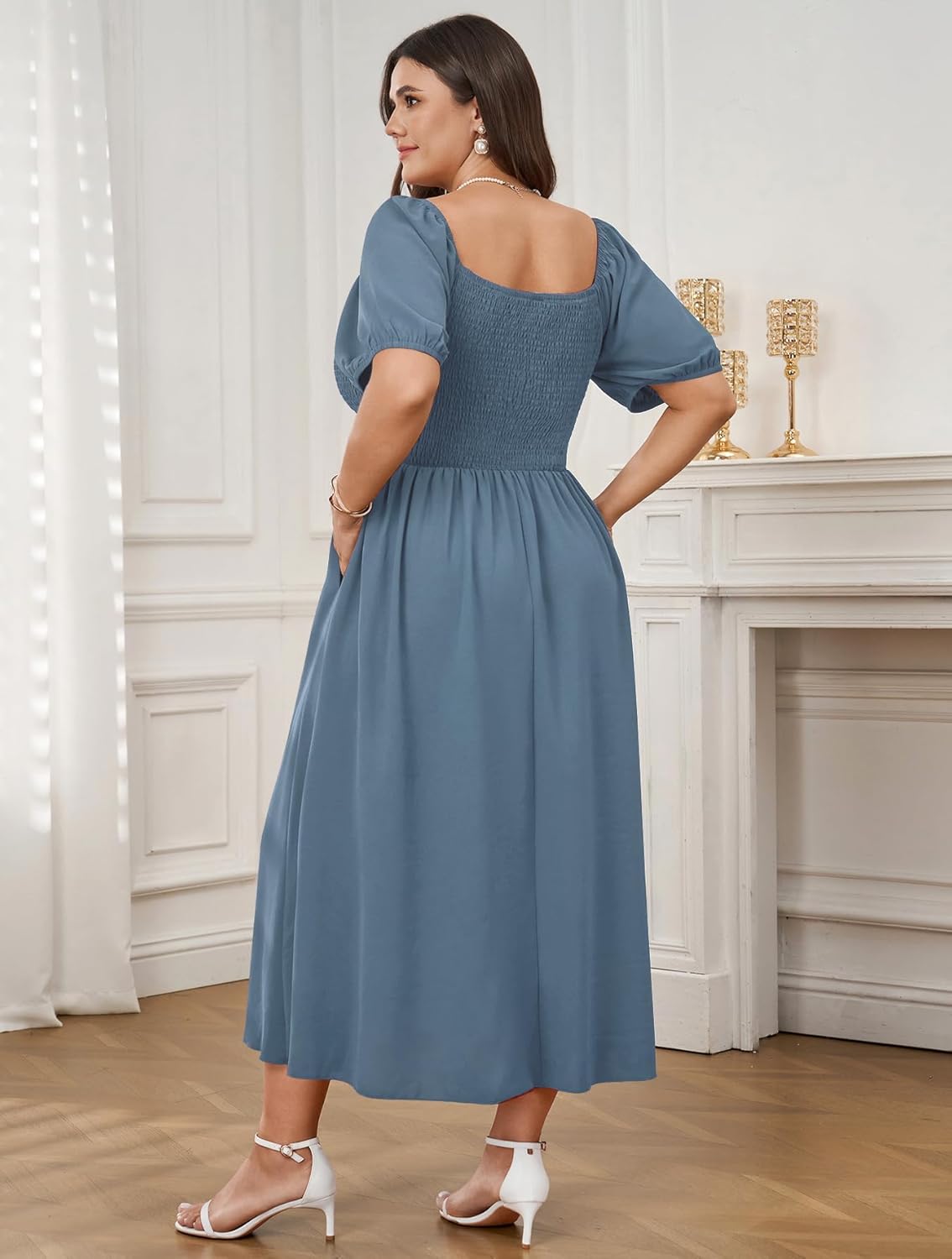 SCOMCHIC Women's Plus Size Cocktail Dress Milkmaid Bow Front Short Sleeve Square Neck Smocked Wedding Guest Maxi Dress - Image 6