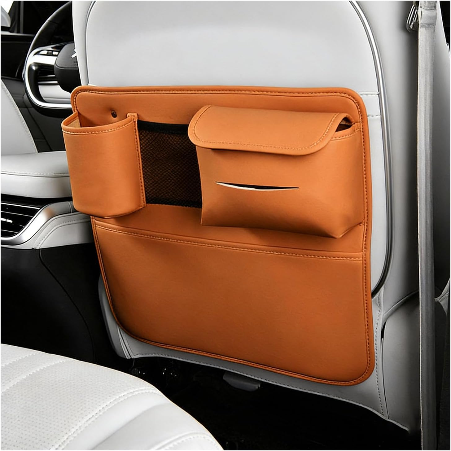 Car Seat Back Protector with Storage Pockets, Seat Back Kick Protectors PU, Car Seat Protector Universal Fit Car with Tissue Pocket and Metal Hooks, Easy to Clean(Color:Orange)