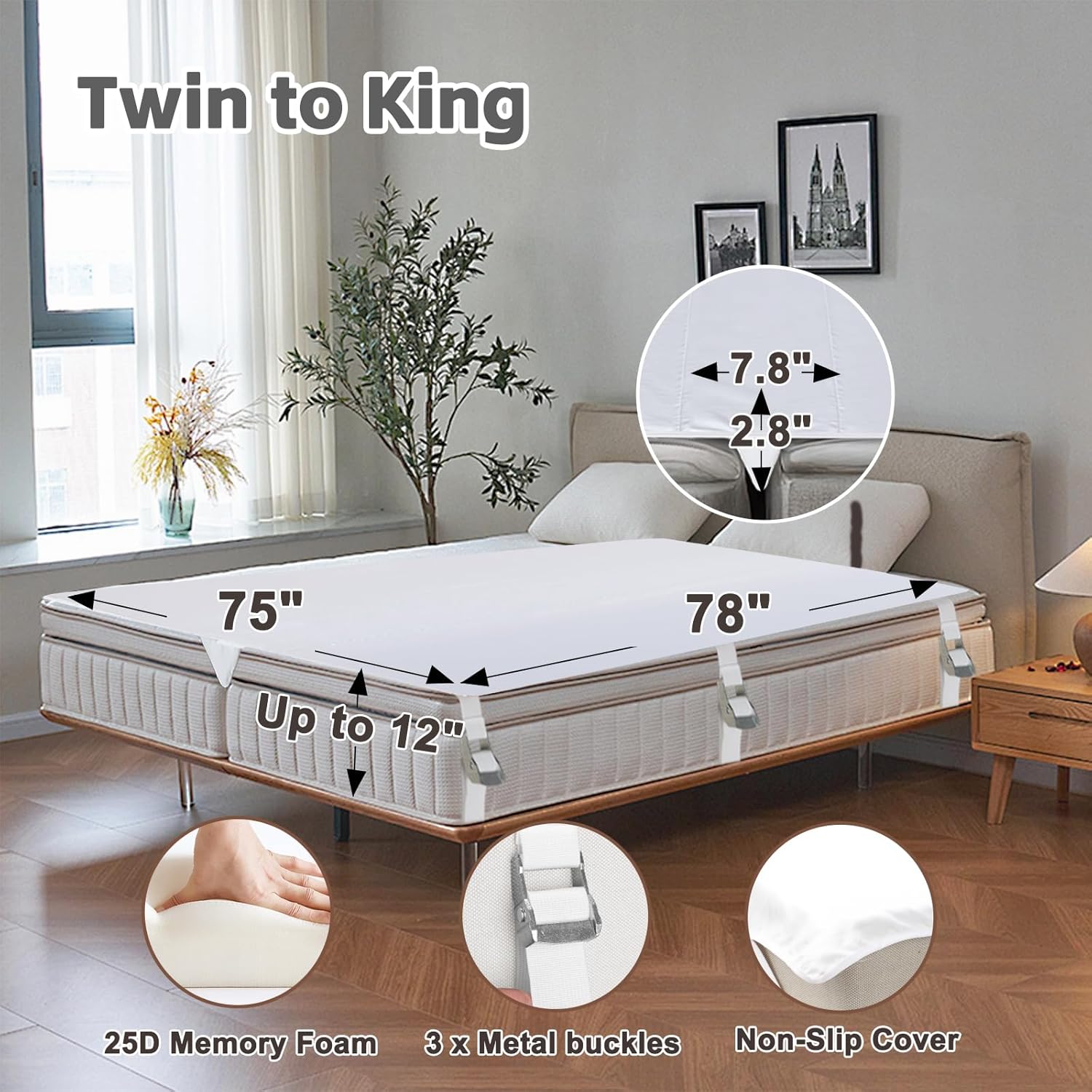 3-in-1 Bed Bridge Twin to King with Fitted Sheet|Split King Gap Filler for Adjustable Bed| 78"x 75"|White (Patent Licensing)