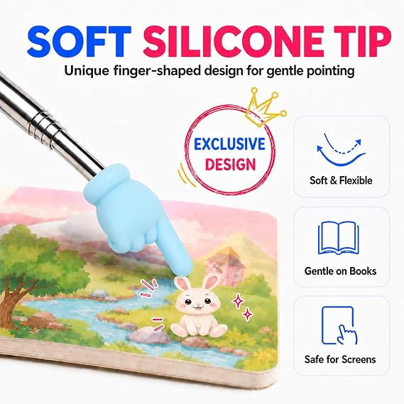 Retractable Teacher Pointer for Classroom Kids Reading, Dumero Soft Touch Extendable Finger Pointer Stick, Collapsible Telescoping Hand Pointer with Silicone Tip & Comfort Grip, Purple