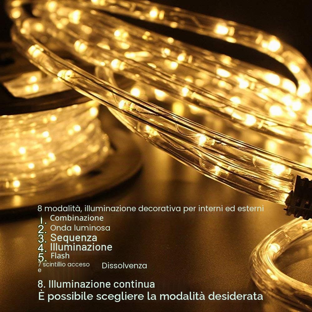 Tubo luminoso a LED per esterni, 50 metri, con 1200 LED a luce bianca calda, tubo luminoso impermeabile per giardino, terrazza e soggiorno, con timer per controllo automatico