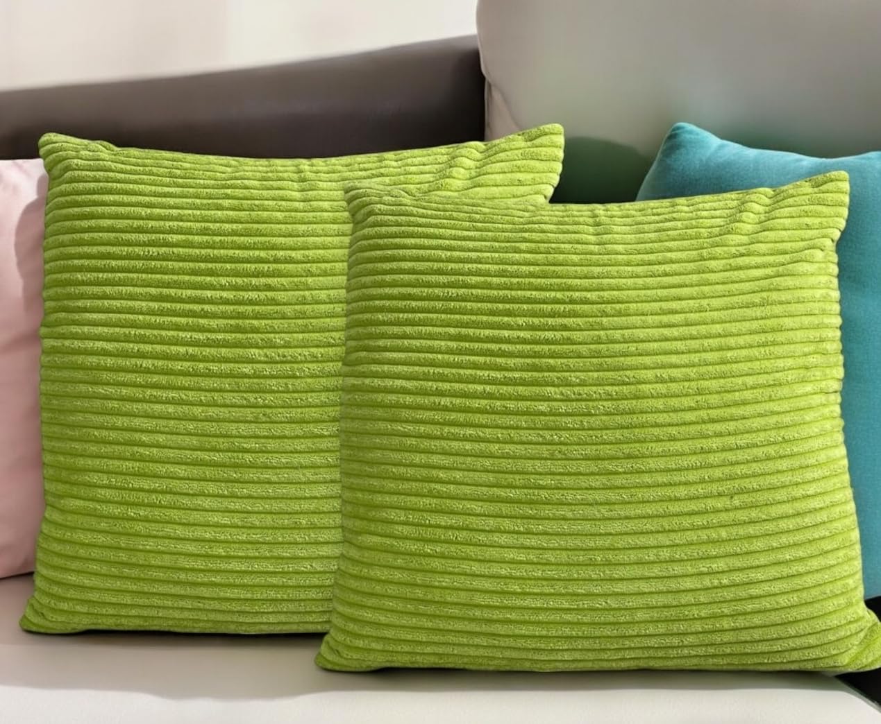 Seechoo Corduroy Cushion Covers, Set of 2, 45 x 45 cm, Striped, with Invisible Zipper, 18 x 18 Inch (Lime Green)