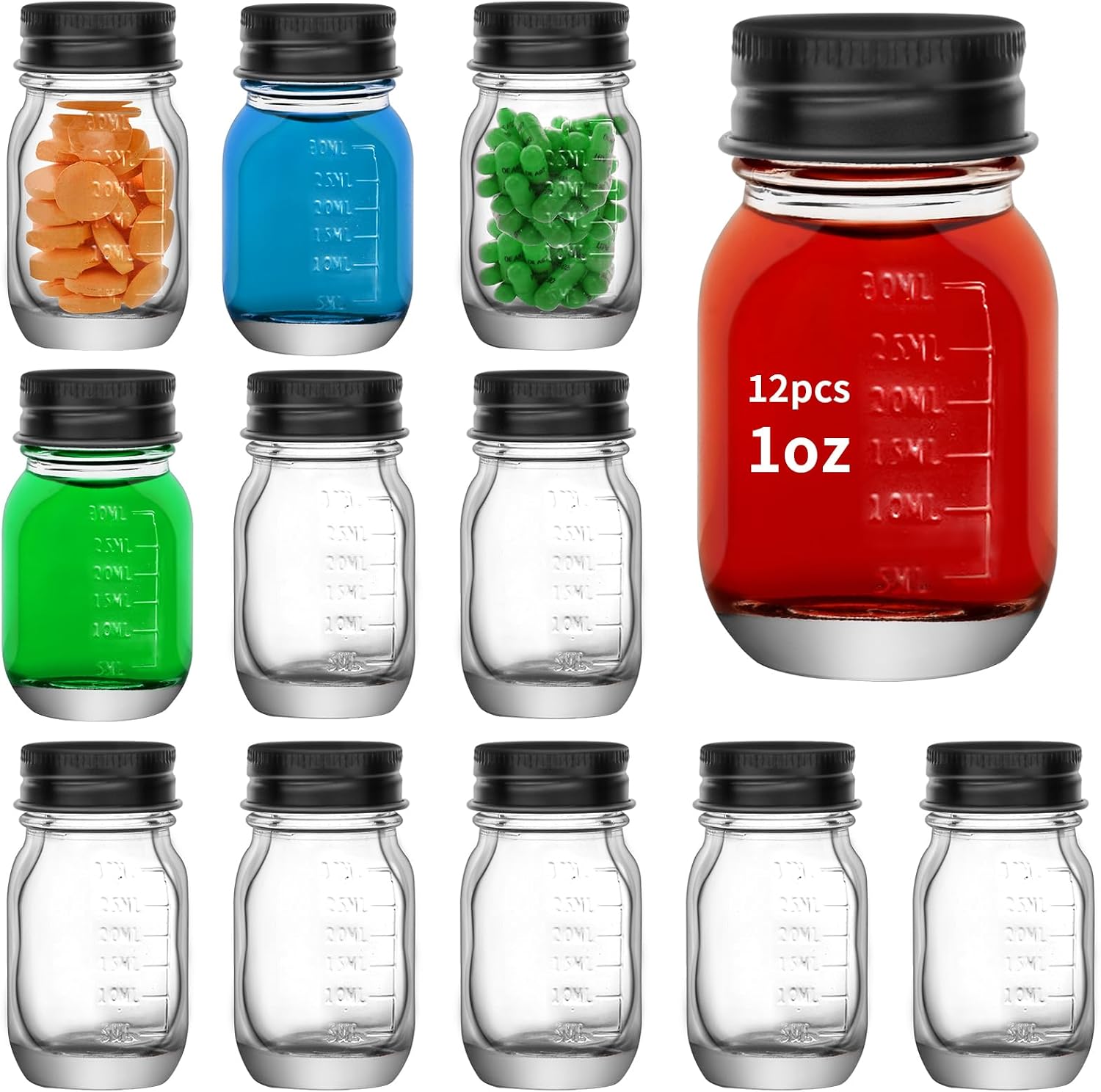 12Pcs 1oz Glass medicine bottles 30ml with Black Screw Caps, Clear Glass Vials, Leak-Proof Glass Bottle Small Liquid Sample Vial, Leak-Proof Vial (12)