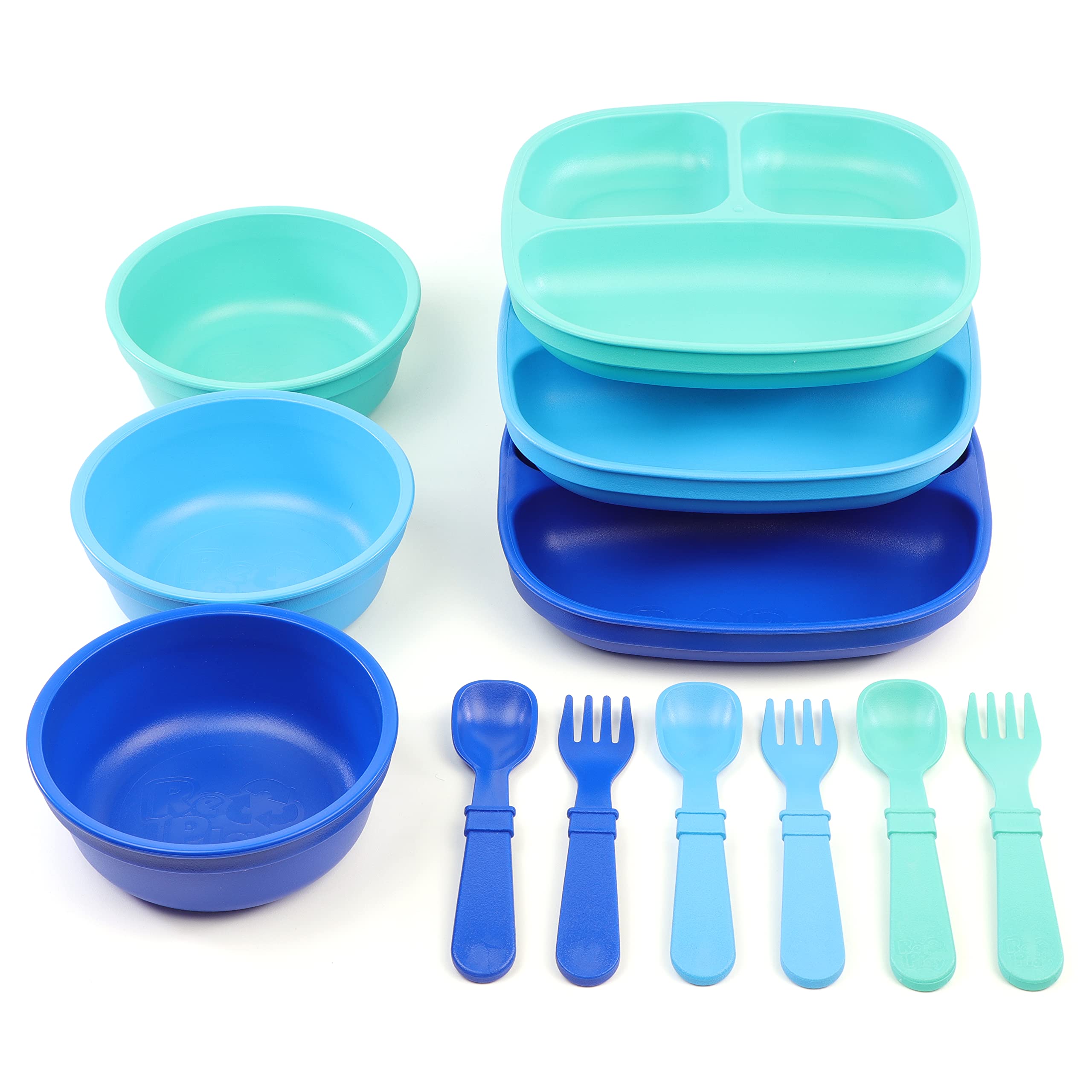Re-Play3x3 Divided Toddler Plates and Utensils Set - Toddler Forks and Spoons Set - Dishwasher and Microwave Safe - Made in USA - True Blue