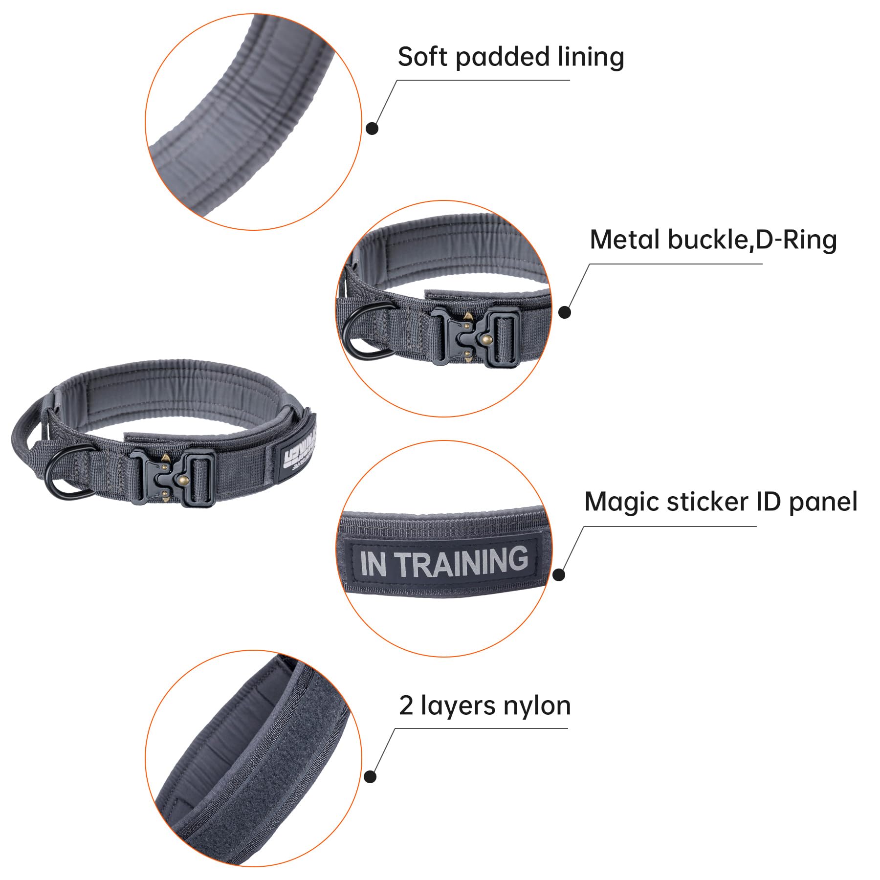 EXCELLENT ELITE SPANKER Collar táctico de adiestramiento para perros medianos y grandes, de nailon ajustable, collar militar con hebilla metálica de alta resistencia, asa de control y parches, gris, L