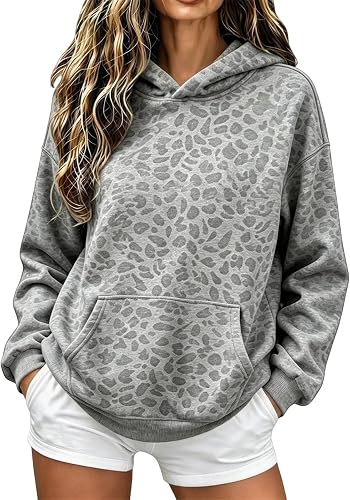 LMRXOFE Cheetah Print Hoodie Women Pullover Casual Hooded Sweatshirt Gray