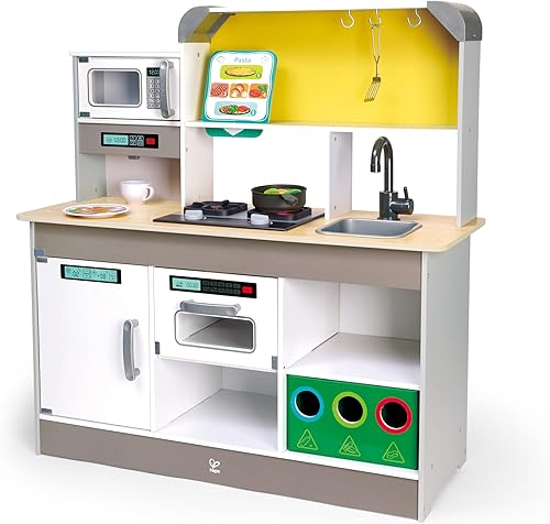 Hape E3177 Cocina de Juego Deluxe con Microondas, Cafetera, Refrigerador, Horno, Placa con Sartén Diversión con Muchos Accesorios, a partir de 3