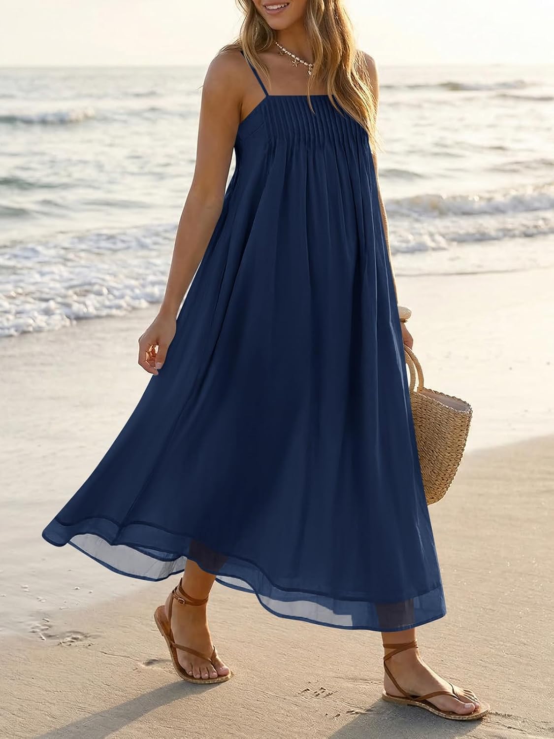 Wenrine Women's Summer Boho Maxi Dresses Spaghetti Straps Chiffon Casual Sundress Beach Vacation Long Dress with Pockets