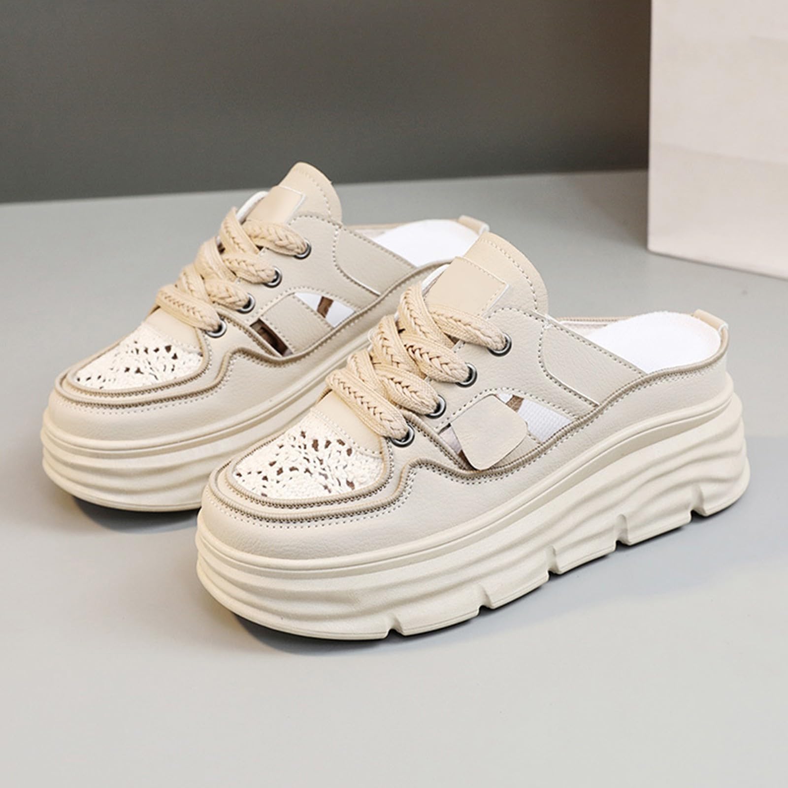 Sabot da donna con plateau, con plateau, beige, stringate, grosse, ritaglio, schiena scoperta, casual, per le date di shopping del fine settimana, cachi, 36 EU