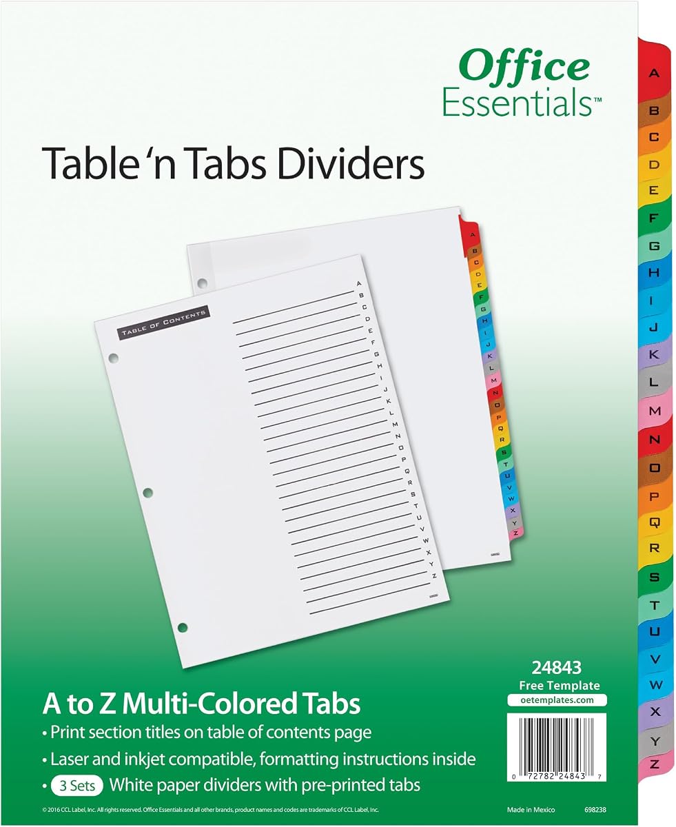 Office Essentials Table 'n Tabs Dividers, 8-1/2" x 11", A-Z Tab, Multicolor Tab, Laser/Inkjet, 3 Sets (24843) | For Organizing Reports and Binders, White Dividers, Pre-Printed Tabs, Laser and Inkjet Printable