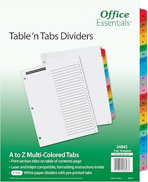 Office Essentials Table n Tabs Dividers, 8-1/2" x 11", A-Z Tab, Multicolor Tab, Laser/Inkjet, 3 Sets 24843