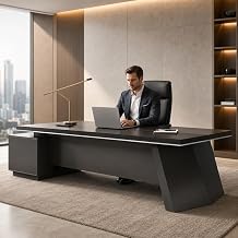 87 Inch L Shaped Executive Desk with Storage Cabinet, Right Return Office Desk with Power Outlet, USB Ports, 2 Drawers, Cable Management, Dual-Tone Black