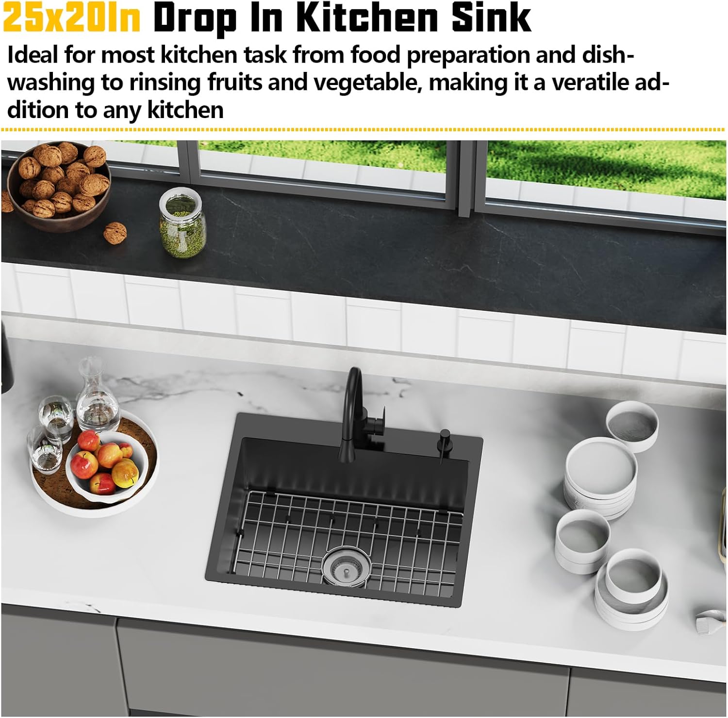 Black 25x20 Inch Drop In Kitchen Sink-Stainless Steel Single Bowl Topmount Kitchen Sink Stylish And Modern Look With Bottom Grid,Silicon Mat And Drain Assembly Add Elegance & Enhance Usability