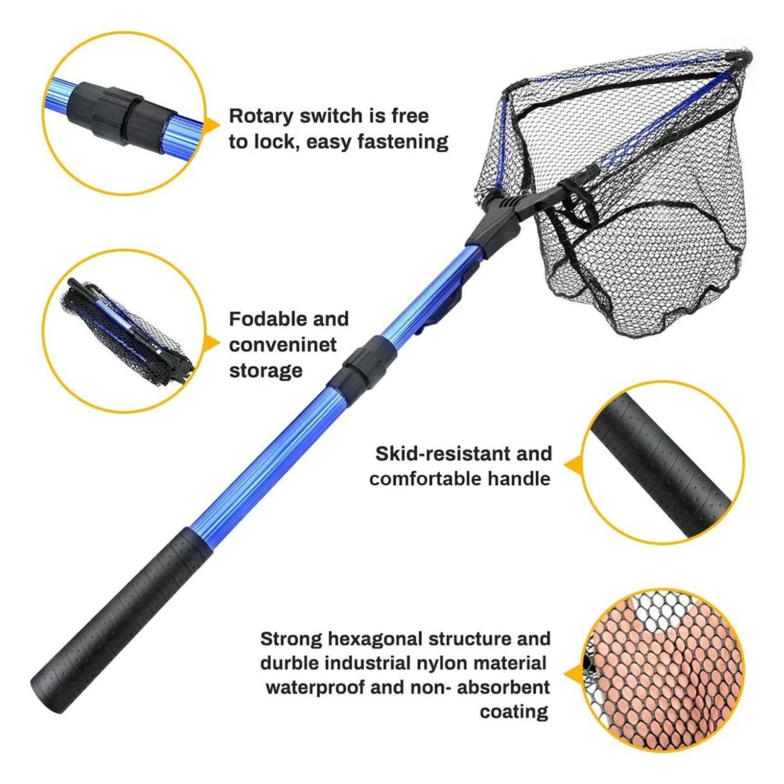 Liudan Fischkescher Angelnetz Aluminium Angelplatz Net Faltbares Fischnetz mit Teleskop-Pol-Griff dauerhaftes Nylon-Material-Mesh Fischnetz