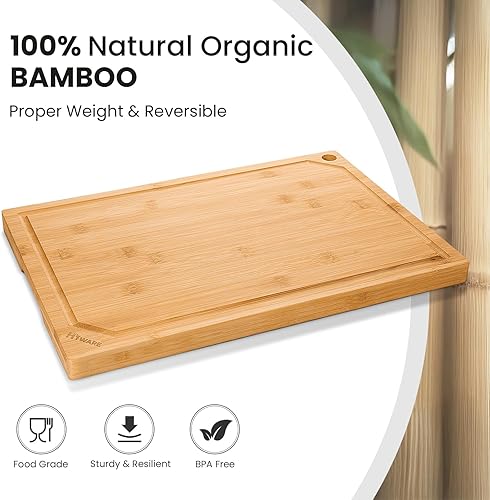 Miniatura 2 de Hiware Extra Large Bamboo Cutting Board for Kitchen, Heavy Duty Wood Cutting Board with Juice Groove, 100% Organic Bamboo, Pre Oiled, 18" x 12