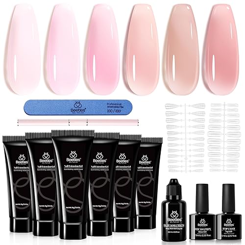 Miniatura 141 de Beetles - Kit de gel de extensión de uñas de polietileno con luz UV: juego de 6 colores de gel constructor rosa con purpurina blanca con capa base