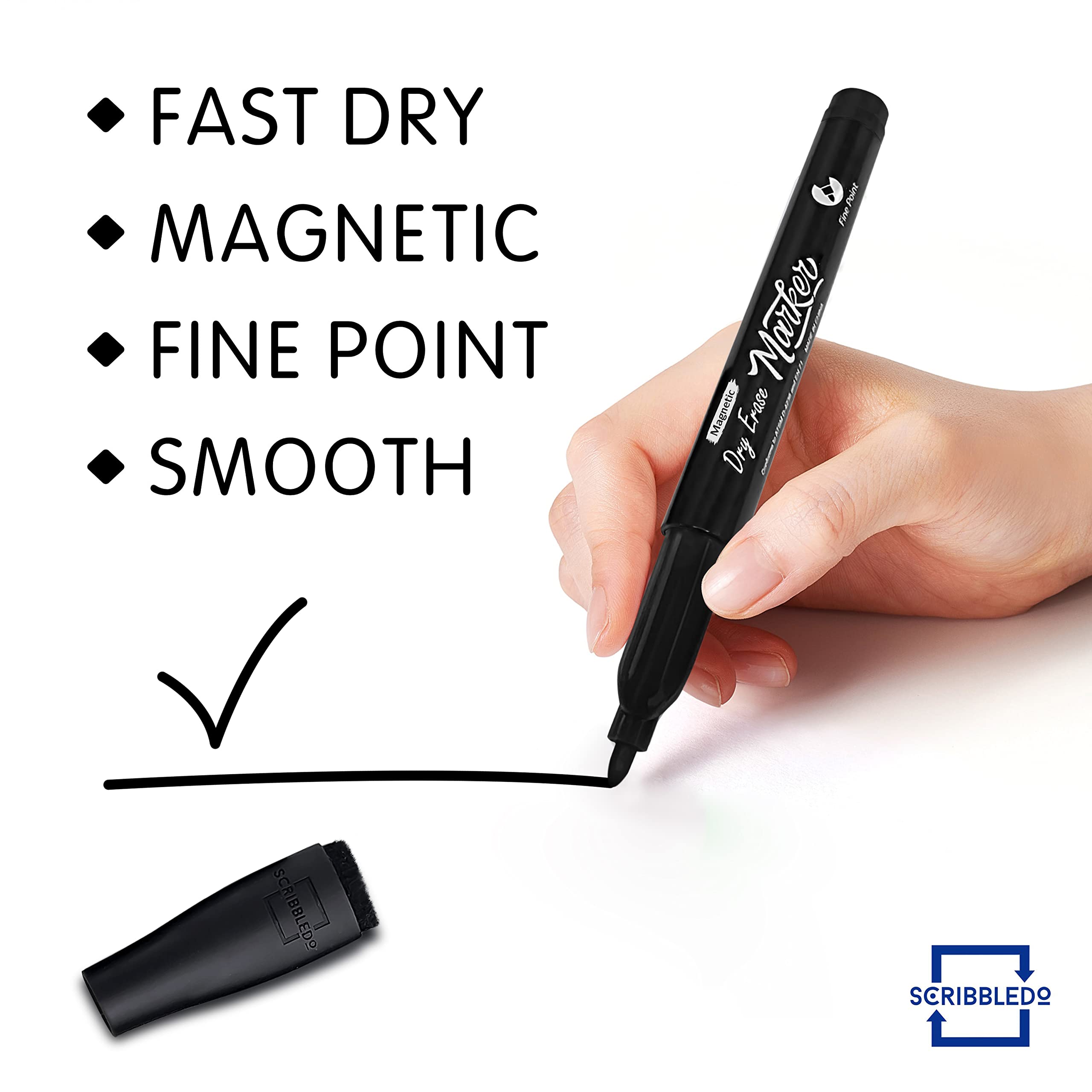 Scribbledo Whiteboard-Marker, magnetisch, trocken abwischbar, feine Spitze, mit Radiergummi, dünn, geruchsarm, dünne Whiteboard-Marker für Erwachsene, Studenten, Lehrer, Kinder, Kunst, Zuhause, Schule