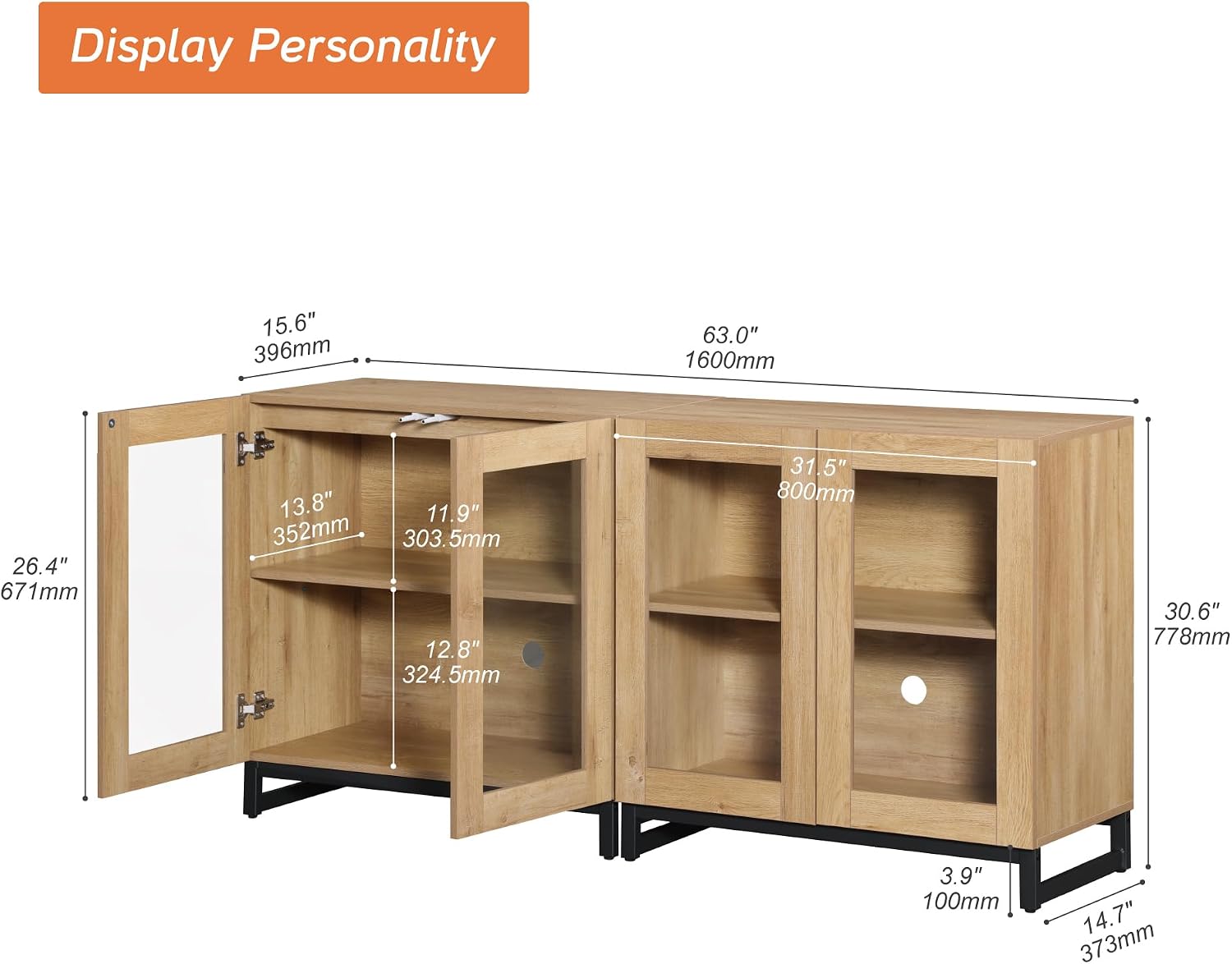 WAMPAT Modern TV Stand with Glass Doors for 40-70 inch TVs, 2 in 1 Entertainment Center Console with Adjustable Shelves and Metal Base for Living Room, Bedroom, Oak