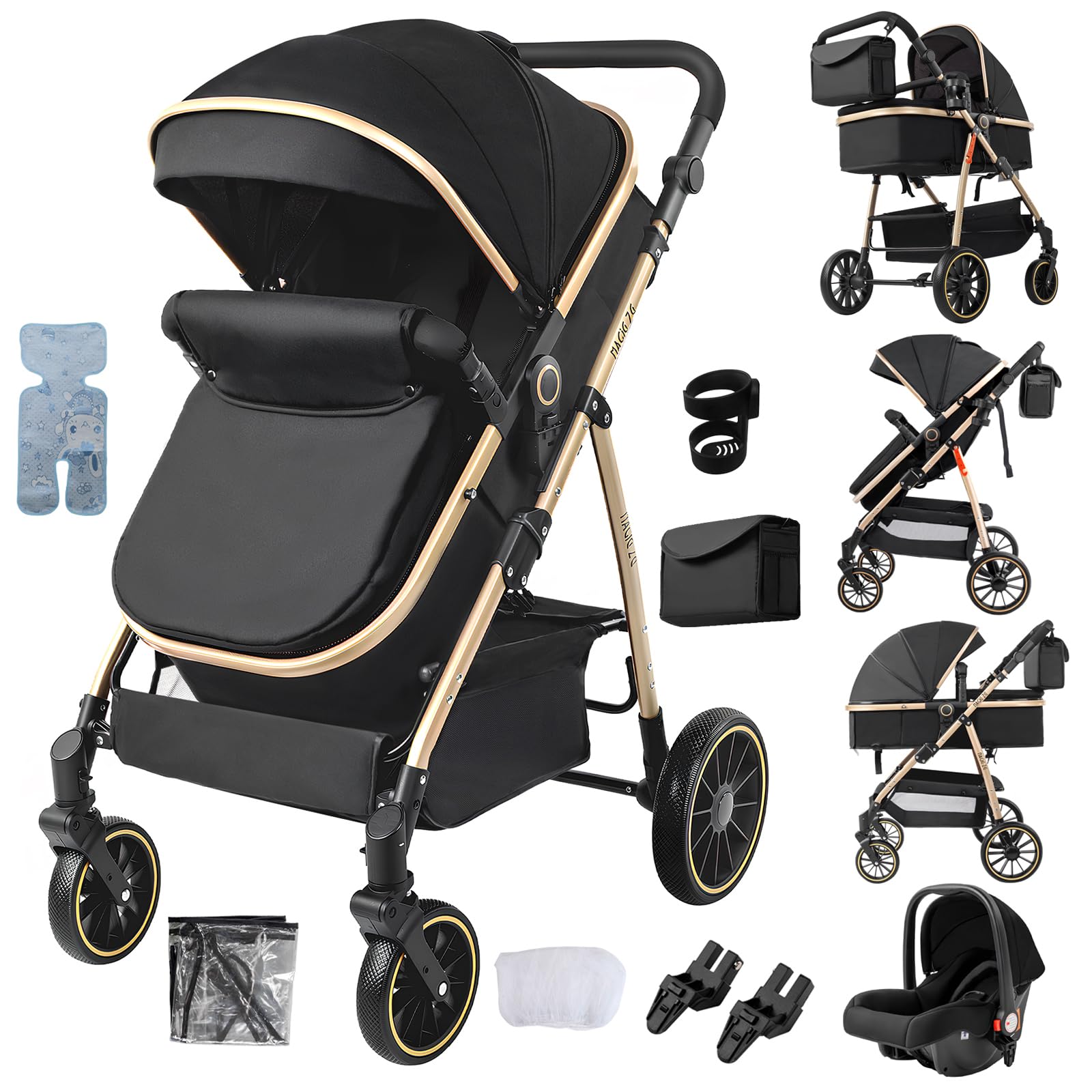 3 in 1 Kinderwagen, Liege- und Wendbarer Reisesysteme Buggy, 3-teiliger One-Click-Klappkinderwagen, Babywagen mit Komplettem Zubehör und Doppelbremsen (V8 BlackGold)